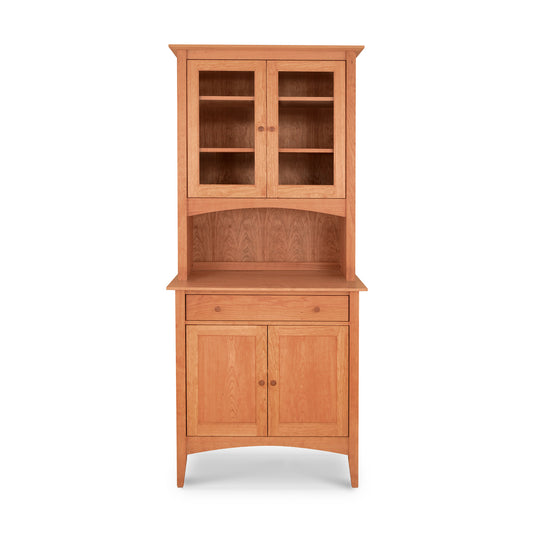 American Shaker Small 38" China Cabinet by Maple Corner Woodworks with hardwood construction, upper glass doors, open middle shelf, lower drawer, and solid wood lower doors.