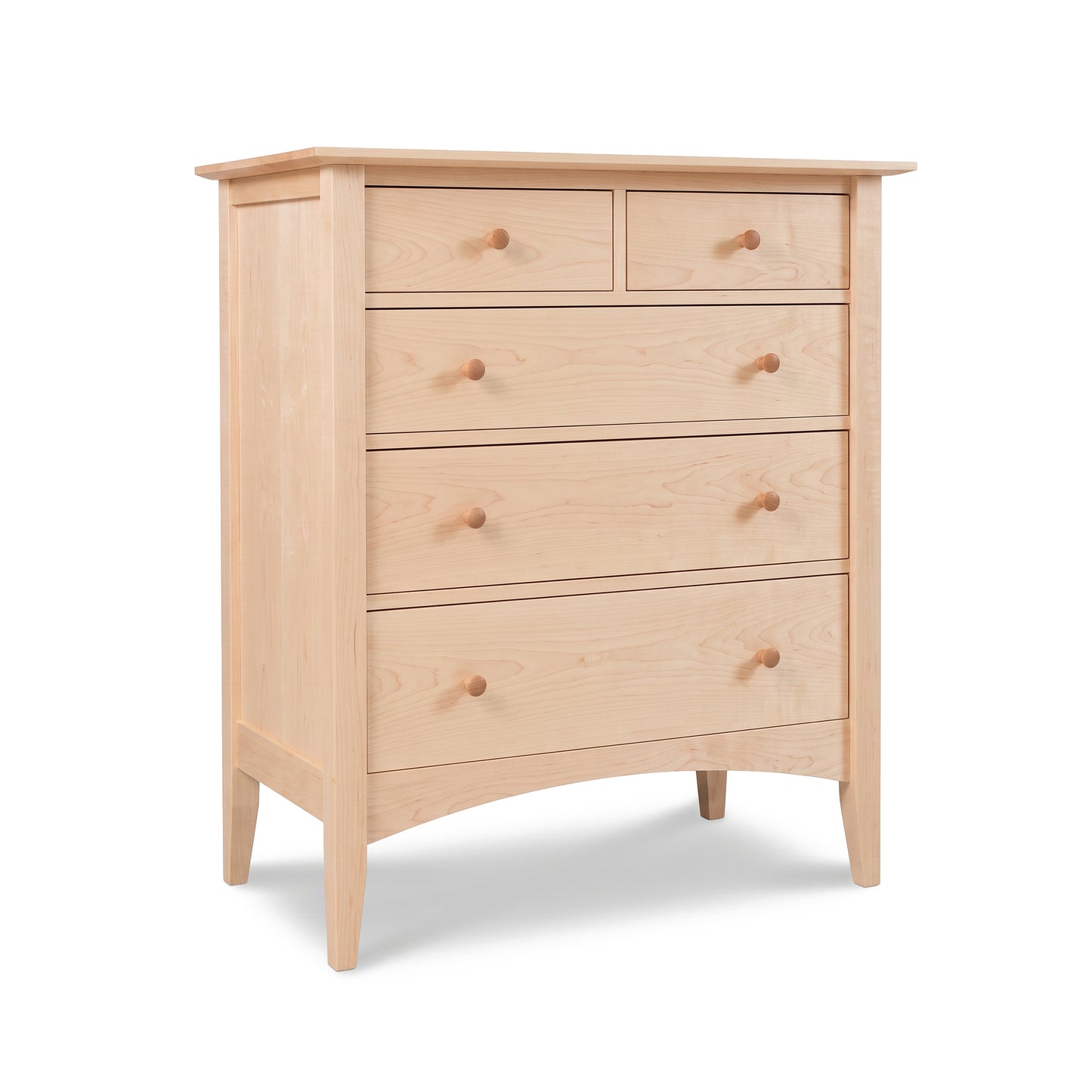 Maple Corner Woodworks American Shaker 5-Drawer Chest in light solid wood with round wooden knobs and timeless Shaker detailing.