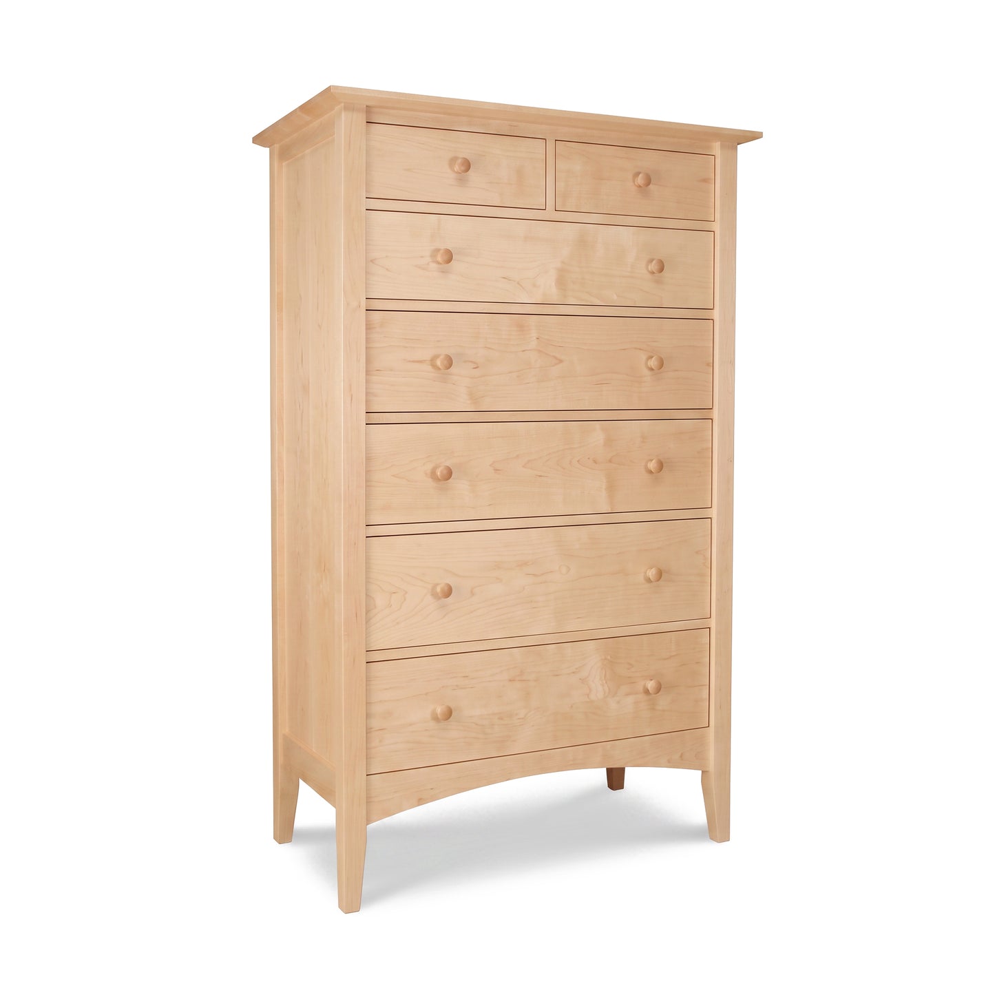 Maple Corner Woodworks American Shaker 7-Drawer Chest crafted in light wood, featuring clean lines and elegant legs, expertly made in the USA.