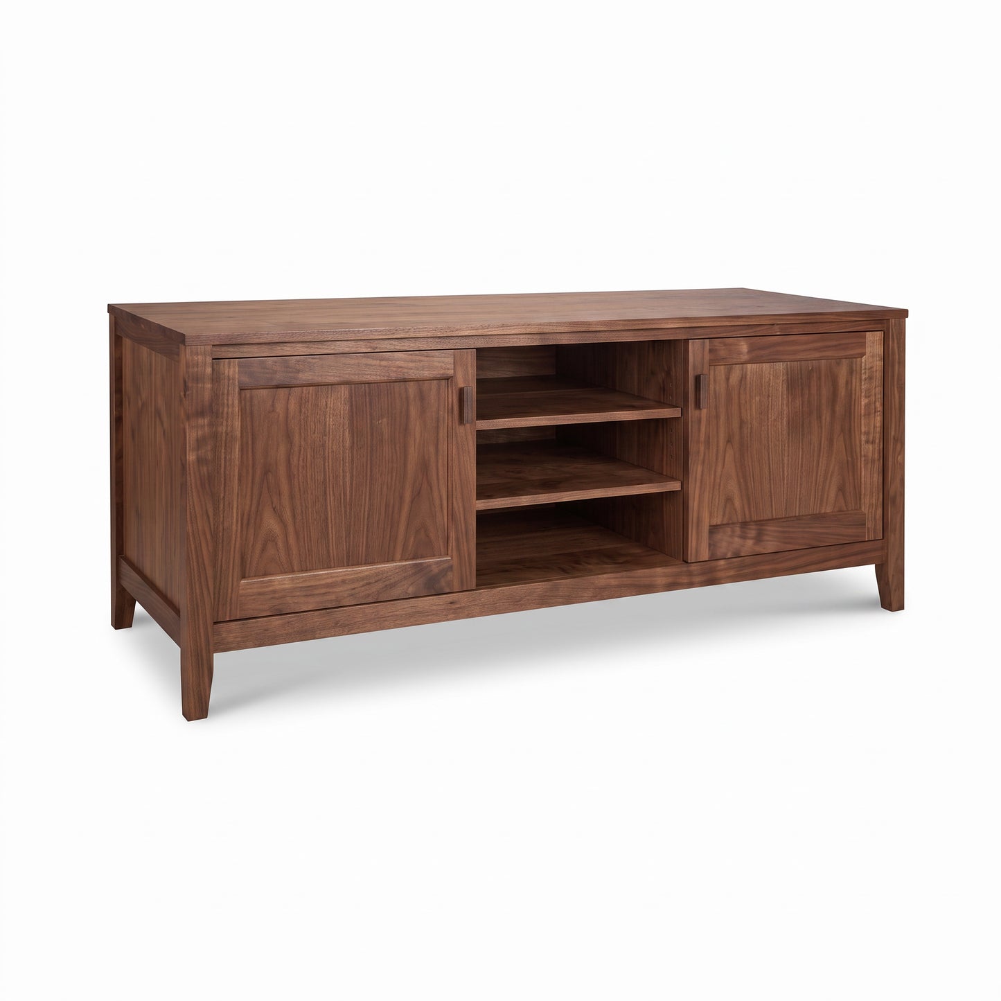 Andover Modern 64″ TV Stand by Maple Corner Woodworks in Vermont hardwood, featuring two cabinets and three open shelves.