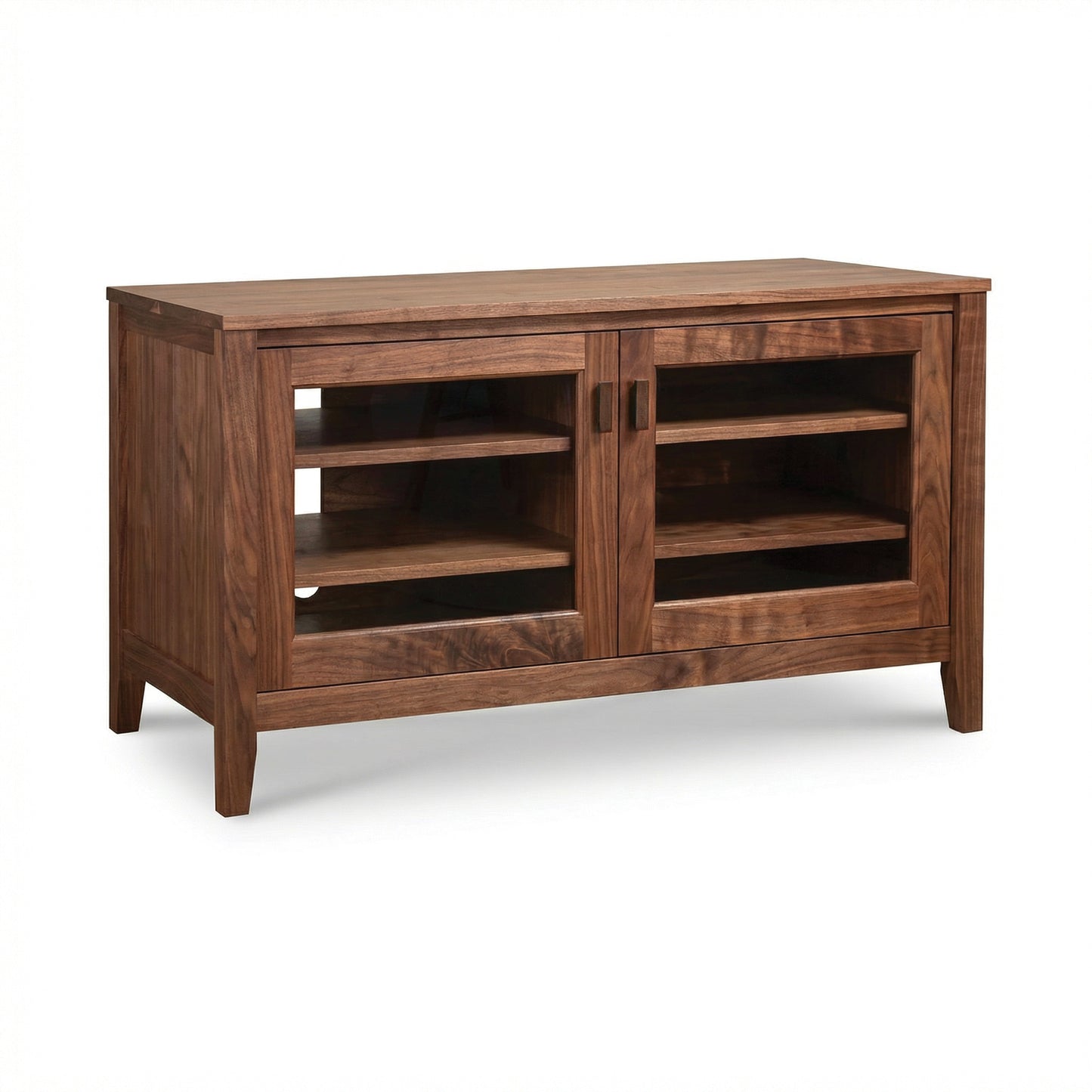 Andover Modern 45" TV Stand by Maple Corner Woodworks, featuring two glass doors and four shelves in a sleek, handcrafted hardwood design.