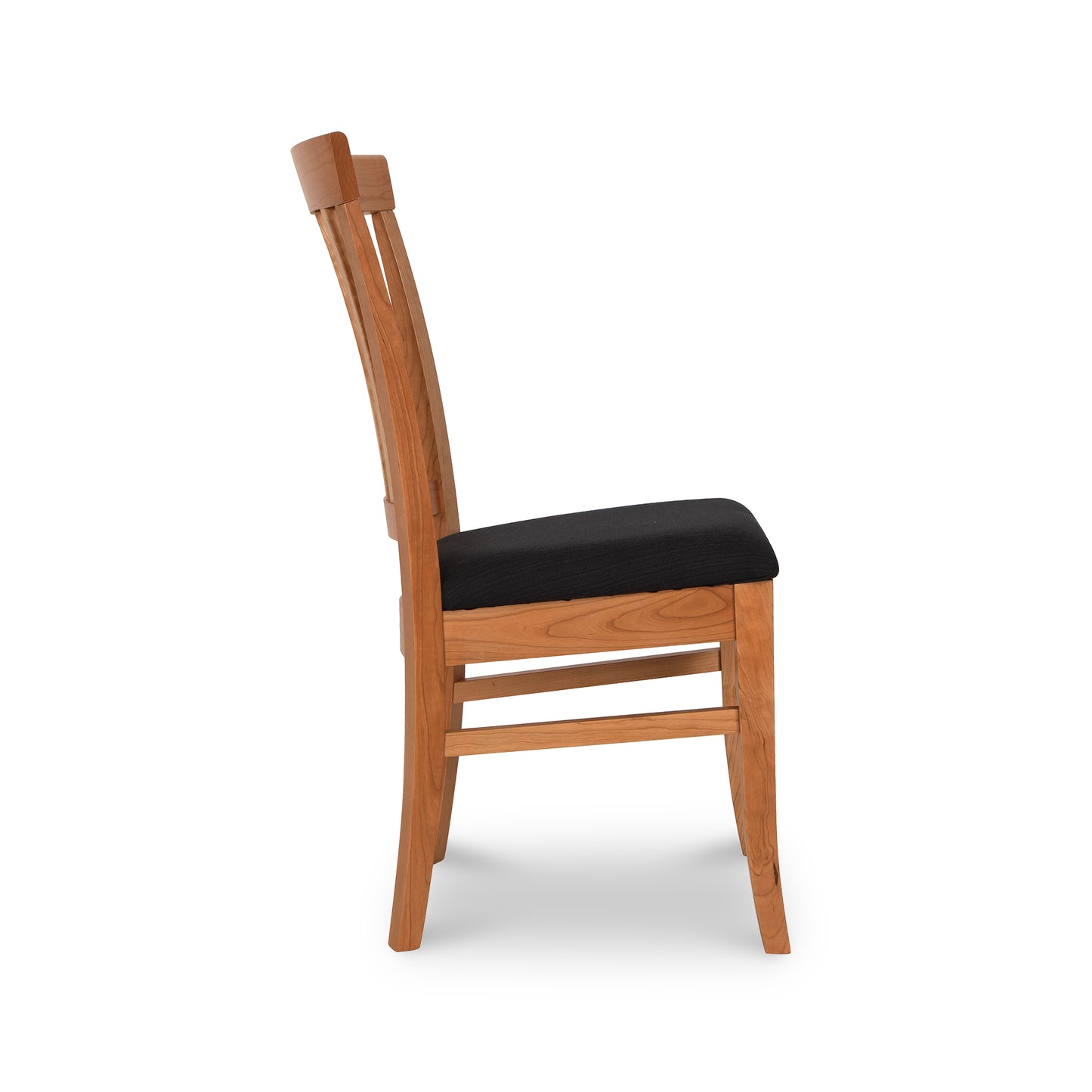 Lyndon Furniture Bistro Dining Chair, side view showing black cushioned seat, curved backrest, and horizontal bars. Set of 4 American made chairs.