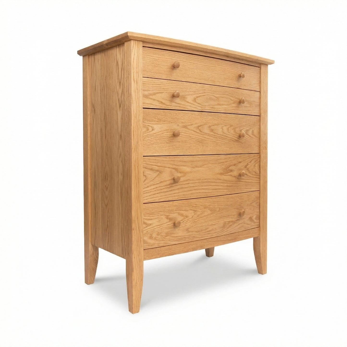 Lyndon Furniture Bow Front 5-Drawer Chest crafted from solid hardwood with four legs, showcasing elegant craftsmanship and durable American-made quality.