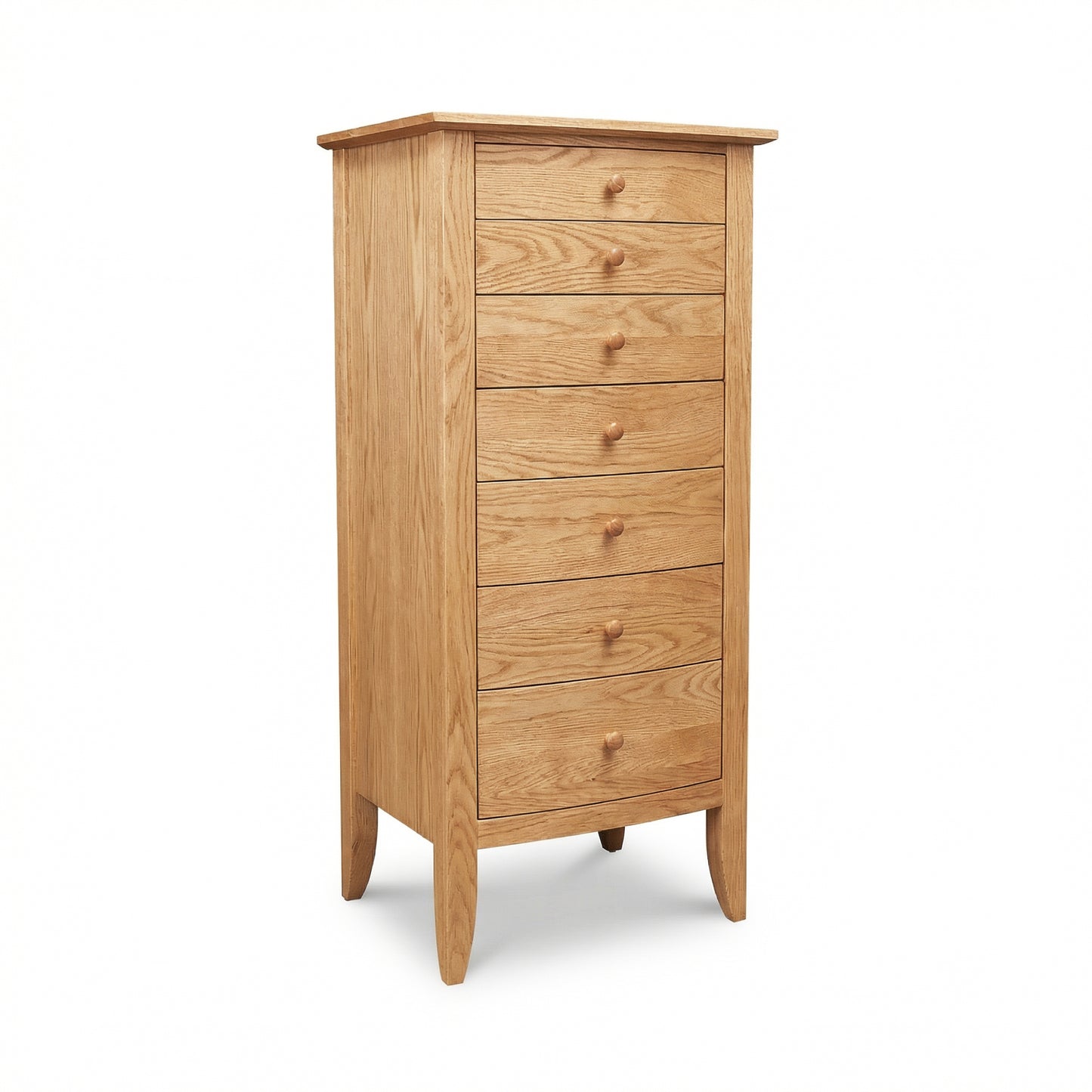 Lyndon Furniture Bow Front 7-Drawer Lingerie Chest in solid hardwood with elegant round knobs and four curved legs, crafted in Vermont.