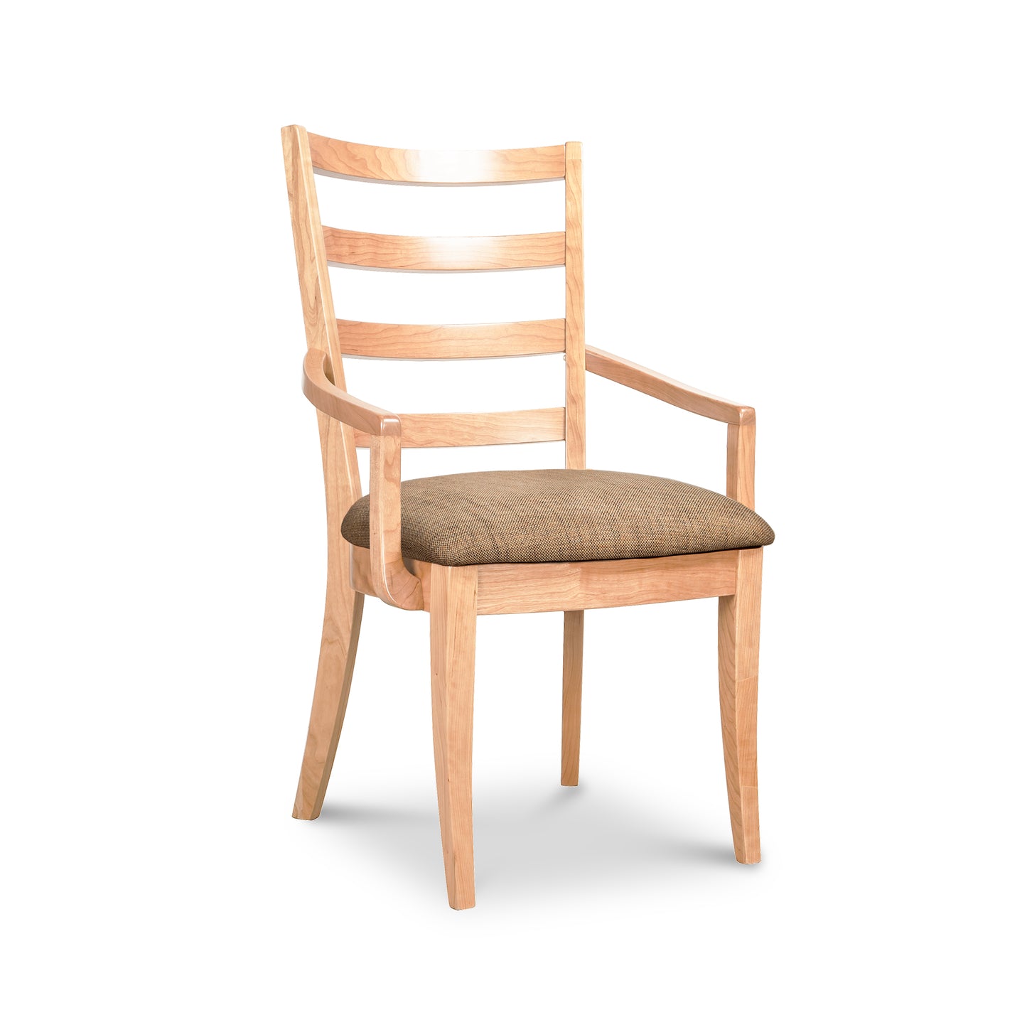 Bromley Ladder-Back Chair with armrests and black upholstery by Vermont Woods Studios, high-quality American craftsmanship, featured furniture piece.