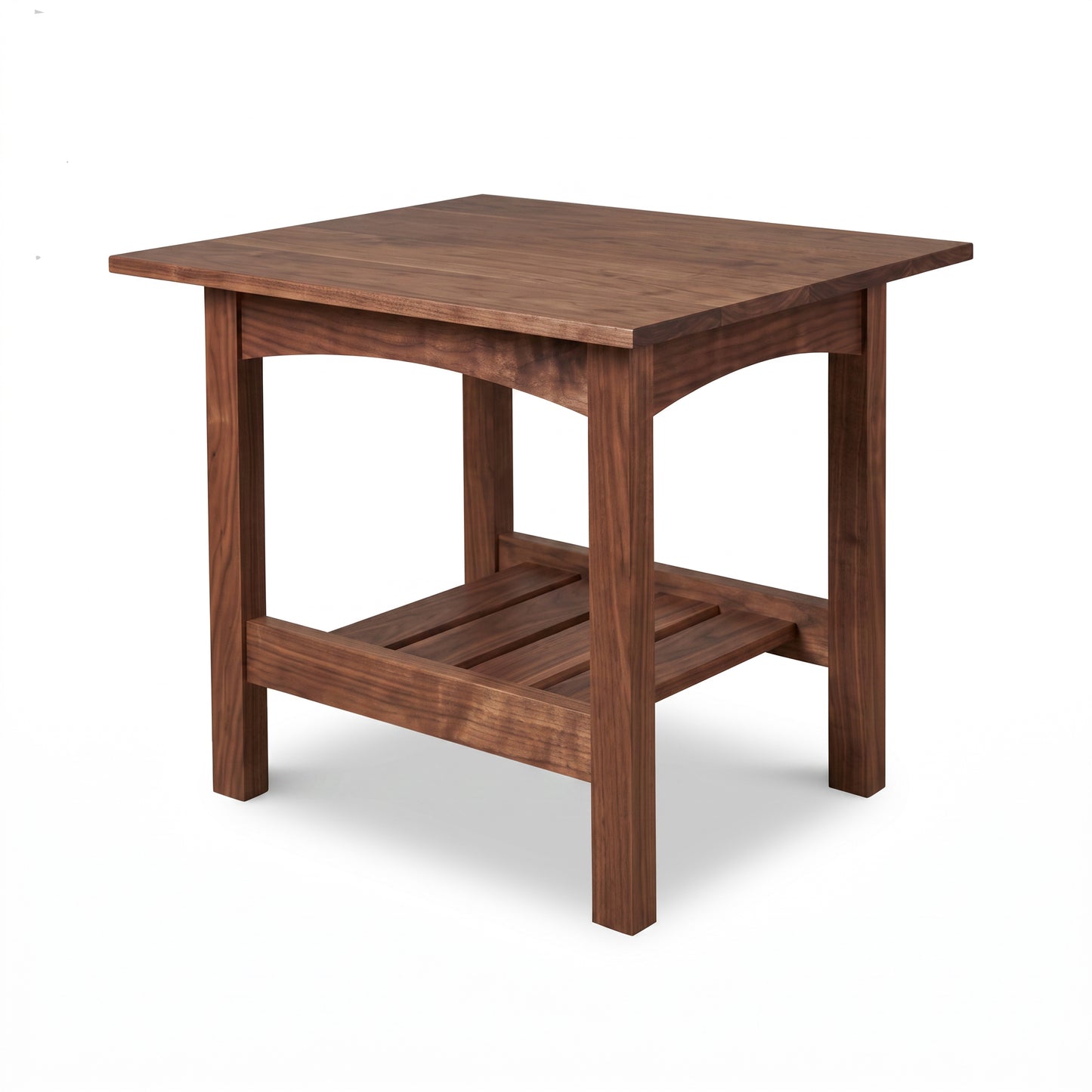 Burlington Shaker Lamp Table by Vermont Furniture Designs, crafted in solid wood with arched support, slatted shelf, and classic handmade detailing.