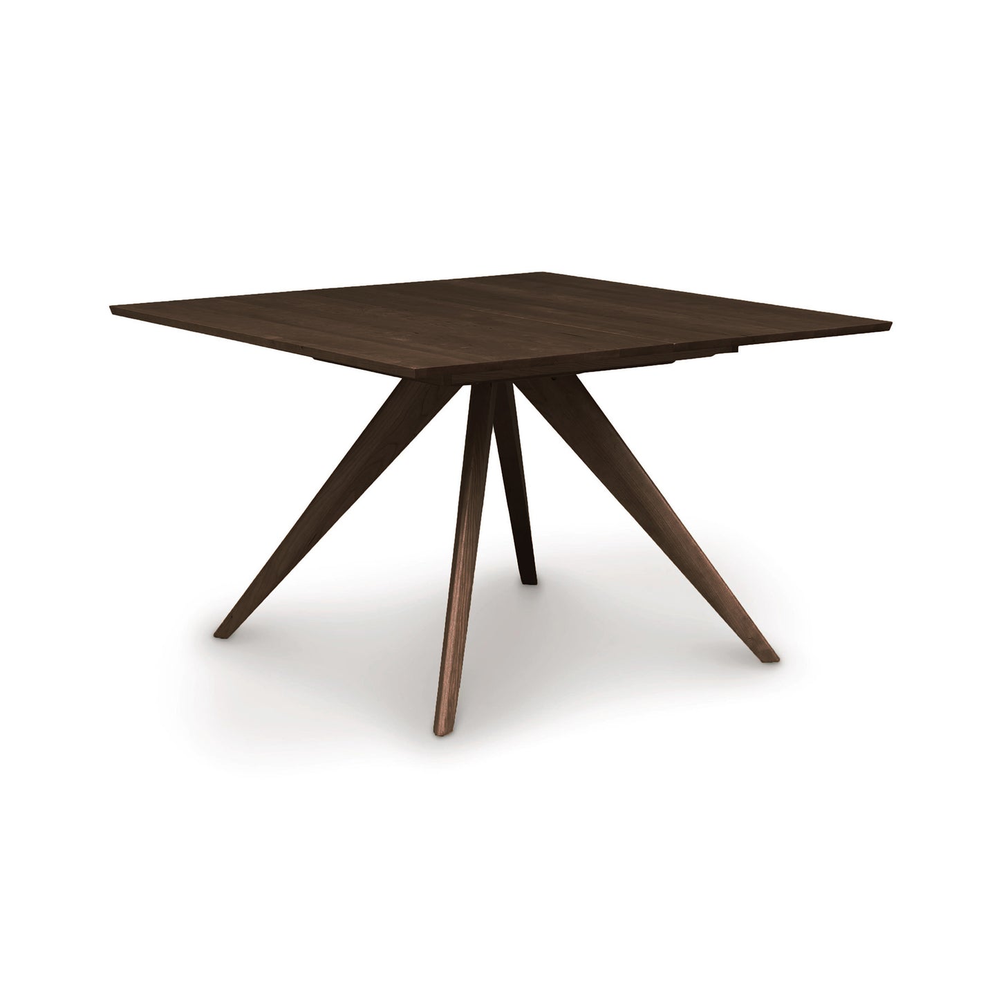 Catalina Square Extension Dining Table by Copeland Furniture with mid-century design, dark wood finish, and distinctive angled center legs.