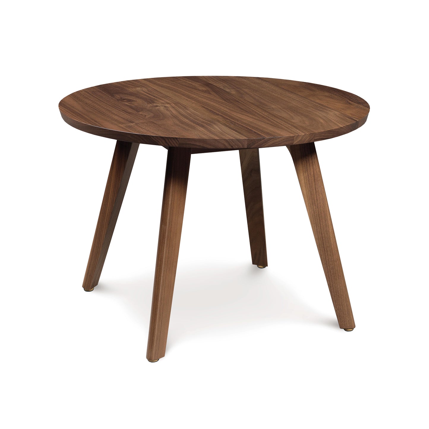 Catalina Side Table by Copeland Furniture featuring a round wooden top and four angled legs in mid-century modern style.