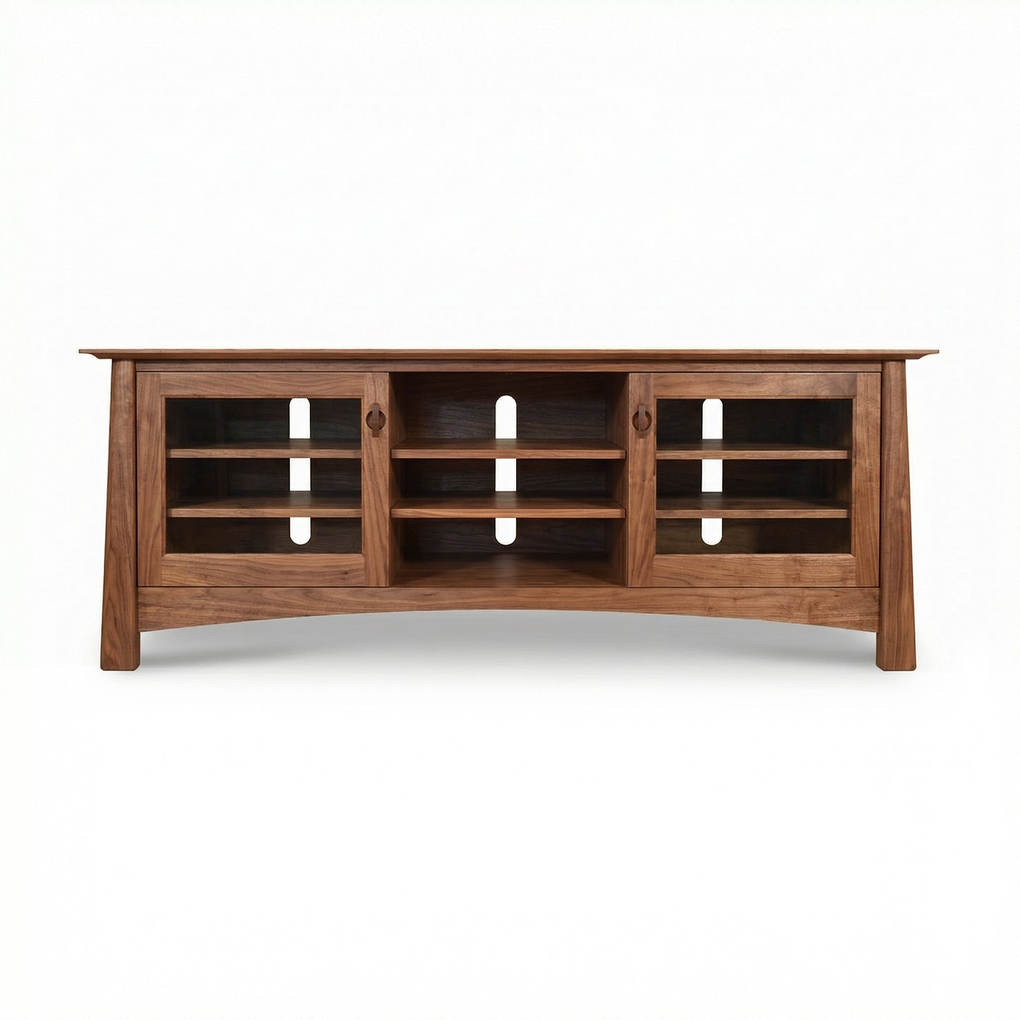 Cherry Moon 68" TV Console by Maple Corner Woodworks with two glass-front cabinets and three open shelves, crafted in solid American wood.
