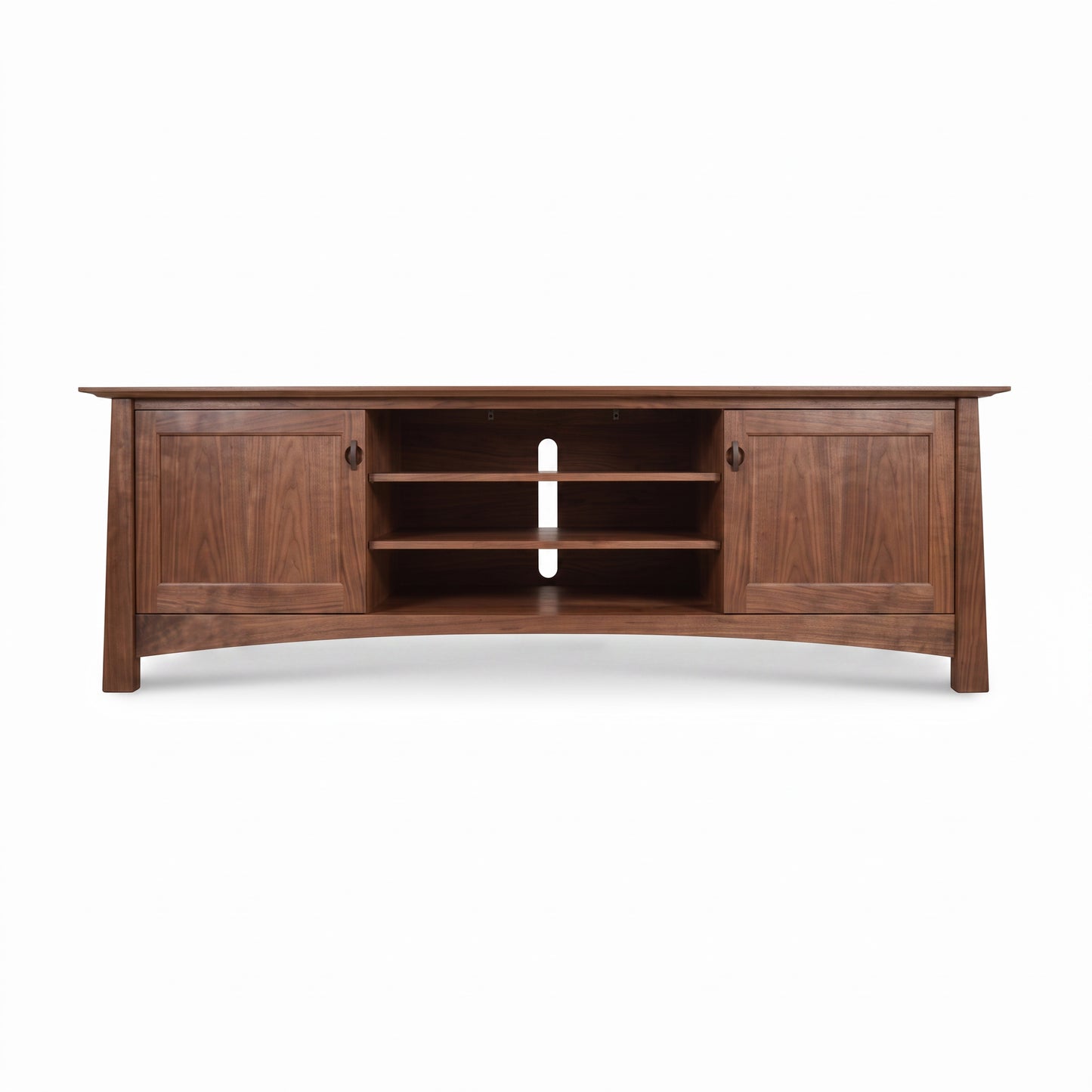 Cherry Moon 80″ TV-media console by Maple Corner Woodworks with 2 cabinets, 3 open shelves, and cable management hole in solid wood craftsmanship.