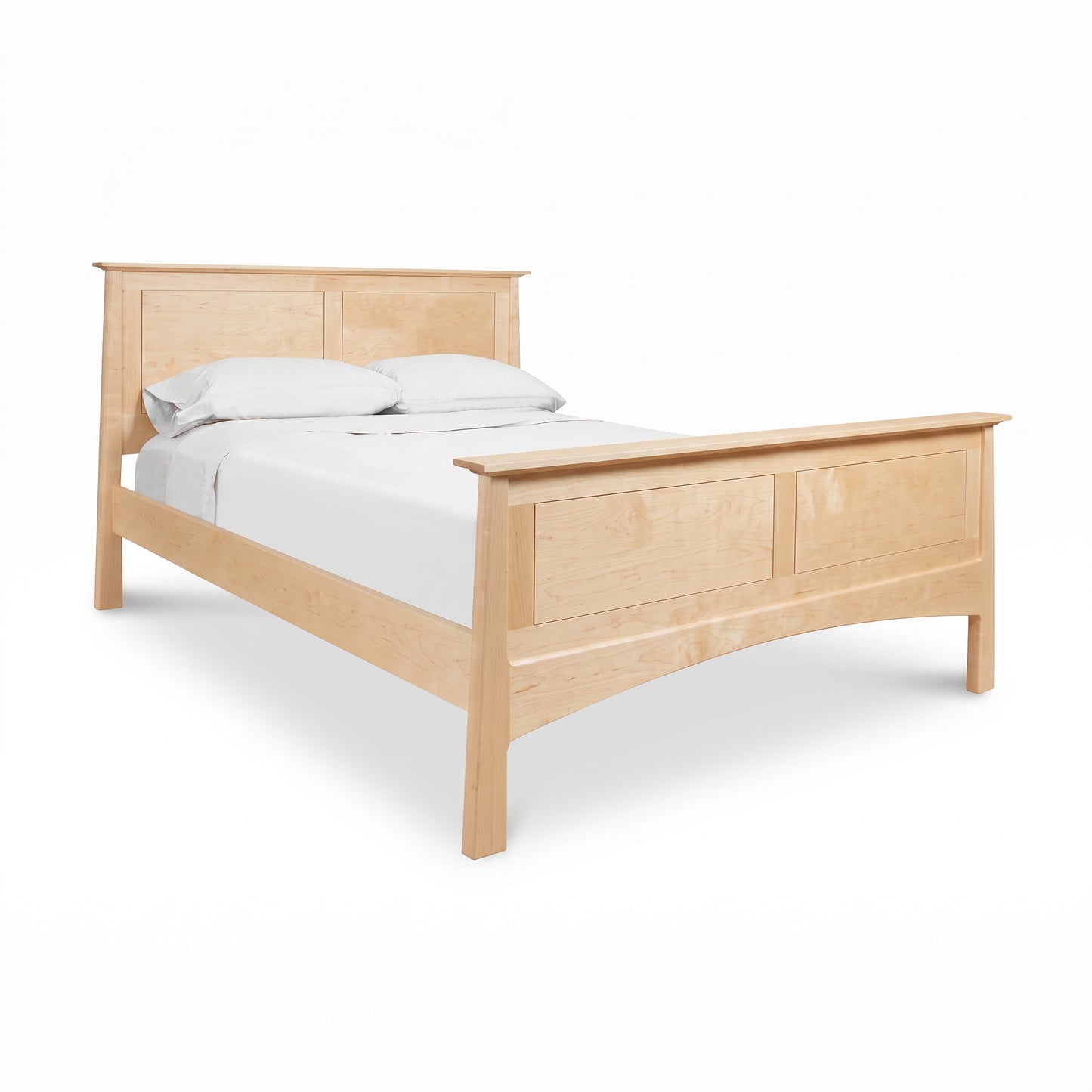 Maple Corner Woodworks Cherry Moon Panel Bed features elegant panel design and light cherry finish, shown with white bedding and two pillows.