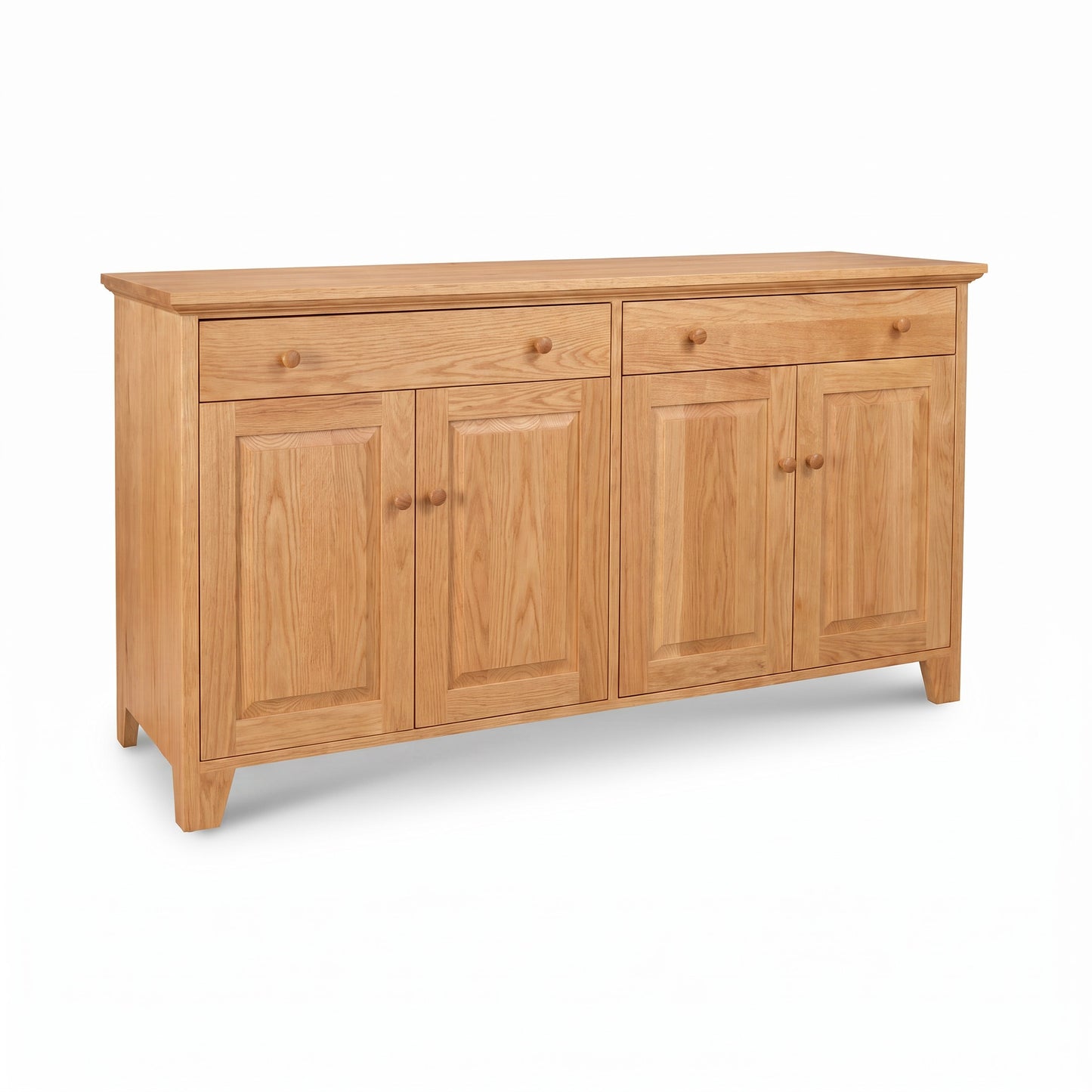Classic Country Buffet by Lyndon Furniture with two drawers, four doors, and knob handles in a light wood finish. Handcrafted American-made quality.