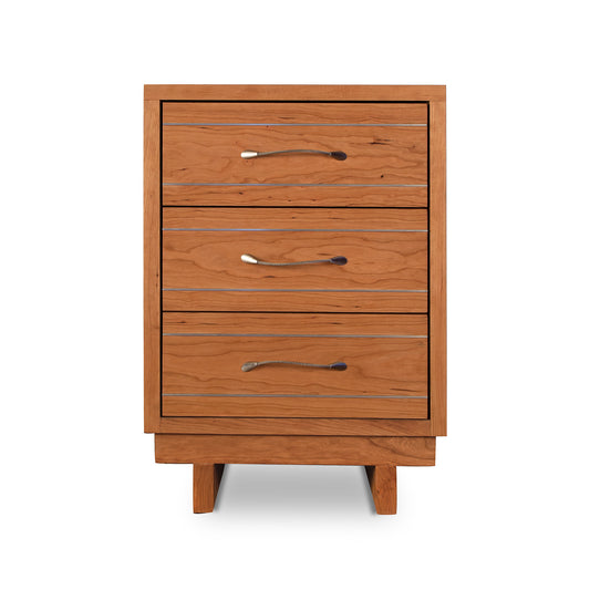 Contemporary Cable 3-Drawer Nightstand features sleek metal handles and a smooth wood finish, showcasing modern American craftsmanship.