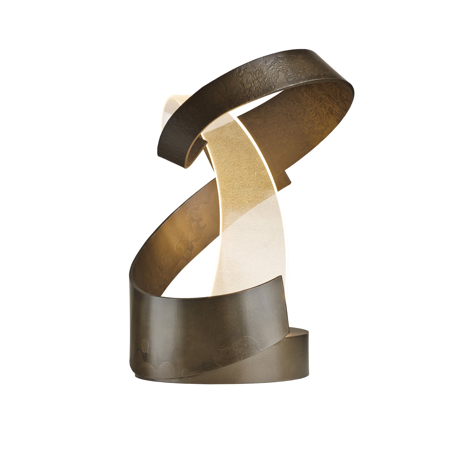 Hubbardton Forge Encounter Table Lamp with intertwined bronze-like bands and warm soft light.