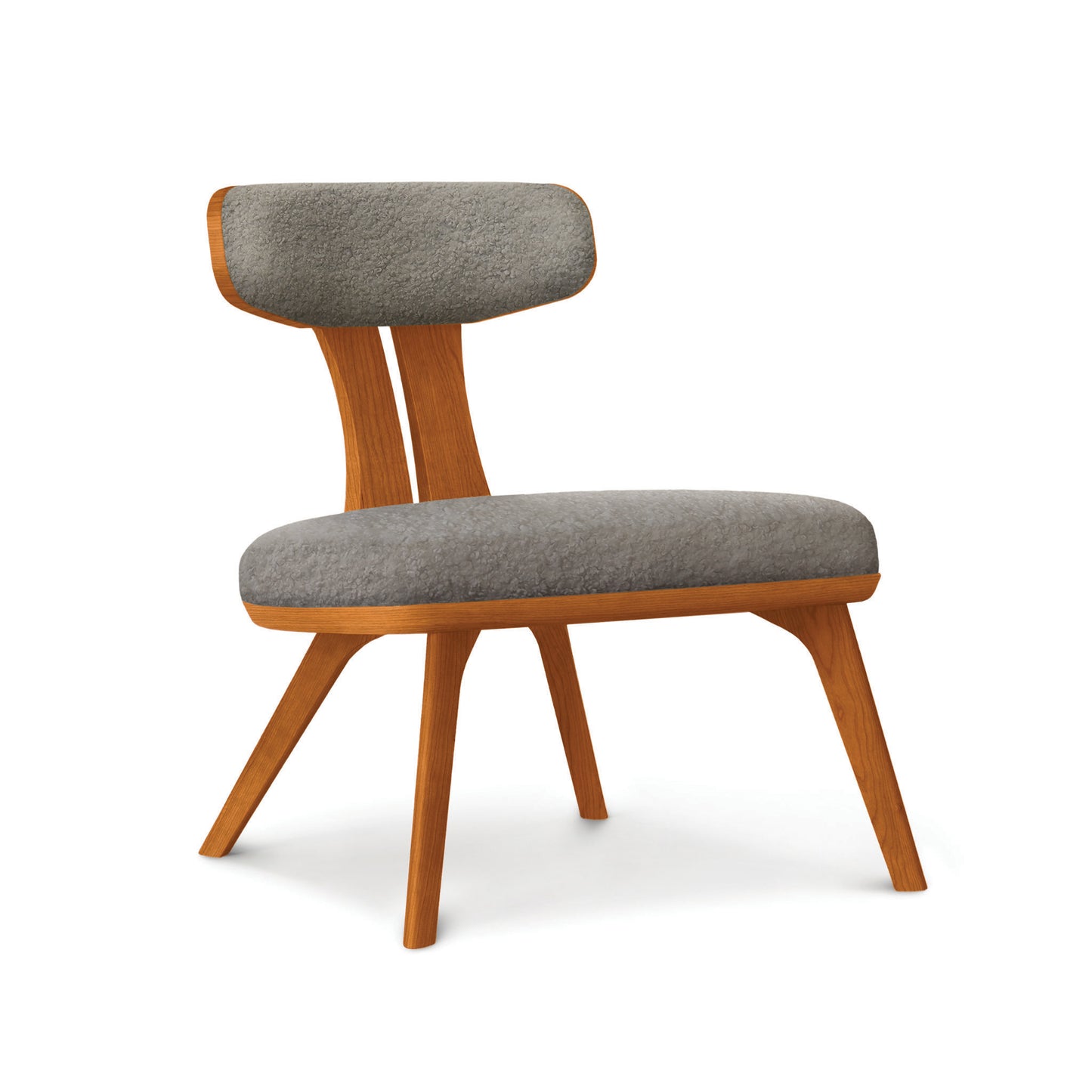 Estelle Lounge Chair by Copeland Furniture in solid American hardwood with angled legs and gray cushioned seat and backrest, made in the USA.