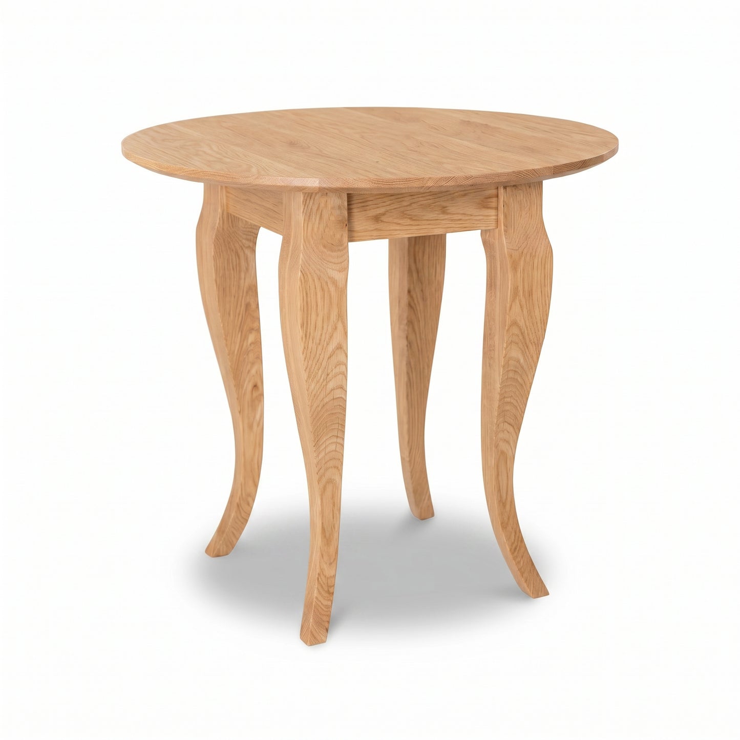 Lyndon Furniture French Country Round End Table with four elegant curved legs in handcrafted American hardwood, showcasing fine Vermont craftsmanship.