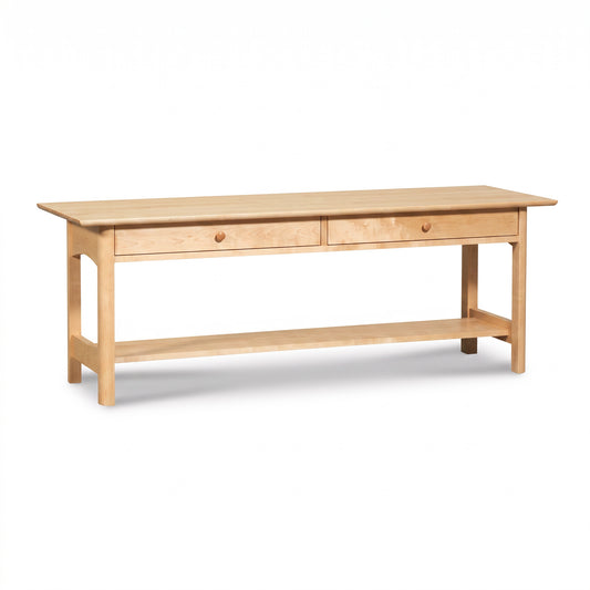 Heartwood Shaker 2-Drawer Coffee Table with round knobs, open shelf, and rectangular legs by Vermont Furniture Designs; American made quality.