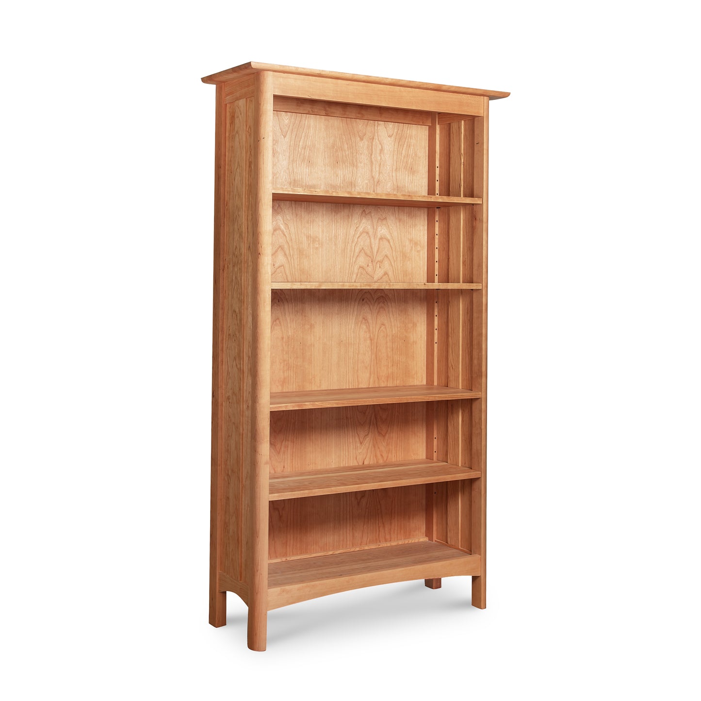 Heartwood Shaker Custom Bookcase by Vermont Furniture Designs with five sturdy solid wood shelves, crafted in the USA, highlighted against a simple background.