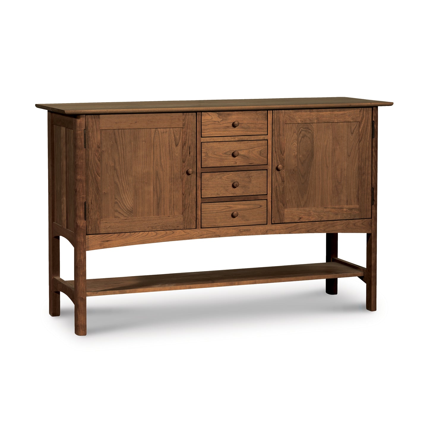 Heartwood Shaker Huntboard sideboard with handcrafted wood, multiple drawers, and cabinet doors, finished in eco-friendly oil by Vermont Furniture Designs.