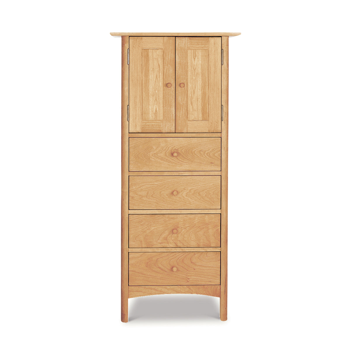Heartwood Shaker Tall Storage Chest by Vermont Furniture Designs featuring solid wood construction, two top doors, and four spacious drawers for stylish and functional storage.