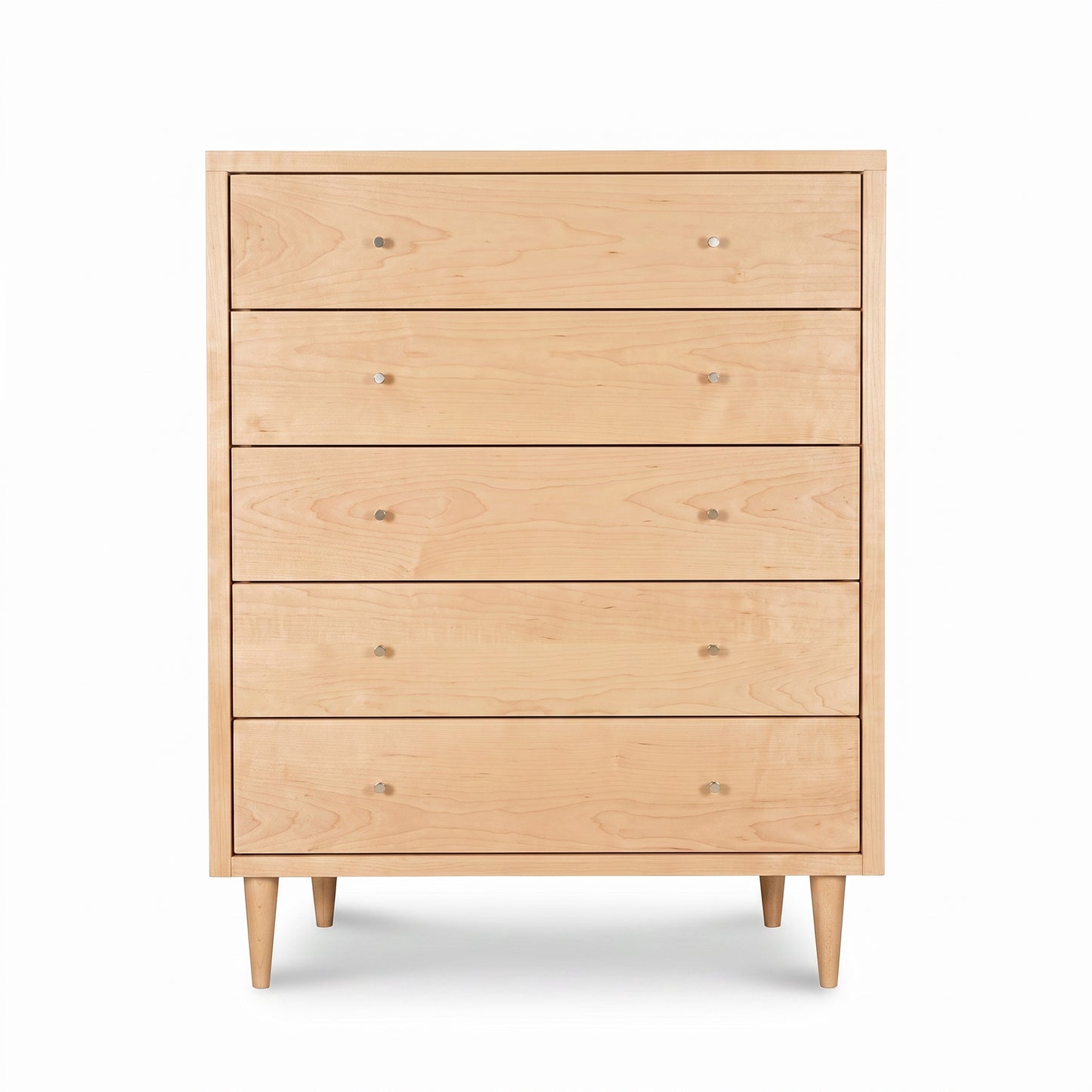 Larssen 5-Drawer Wide Chest by Vermont Furniture Designs in light wood with tapered legs and round knobs, expertly crafted in America.