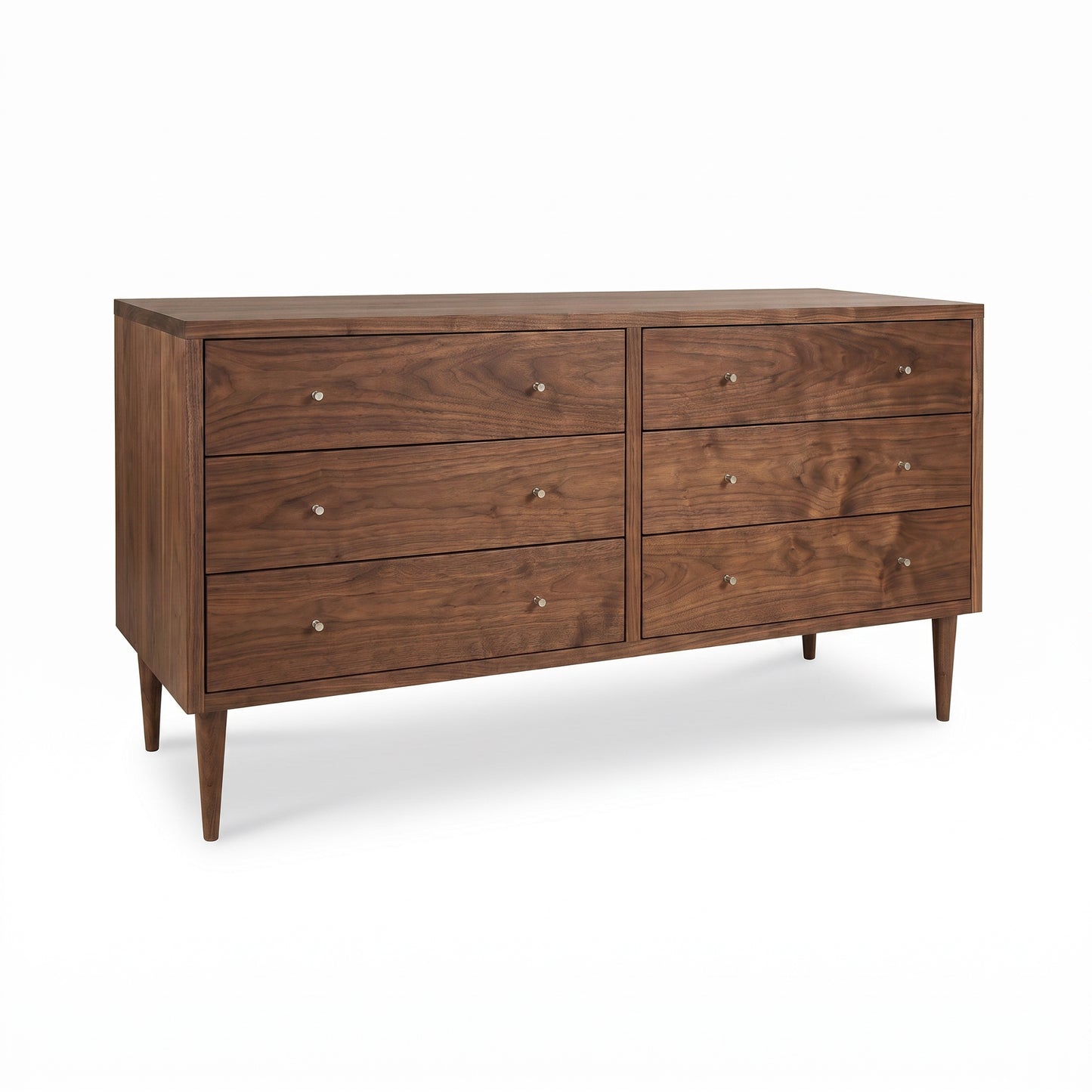 Larssen 6-Drawer Dresser by Vermont Furniture Designs in solid wood with round metal knobs and tapered legs, handcrafted American made furniture.