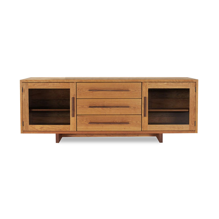 Modern American Buffet by Vermont Furniture Designs featuring Art Deco style with two glass-fronted cabinets and three central drawers.