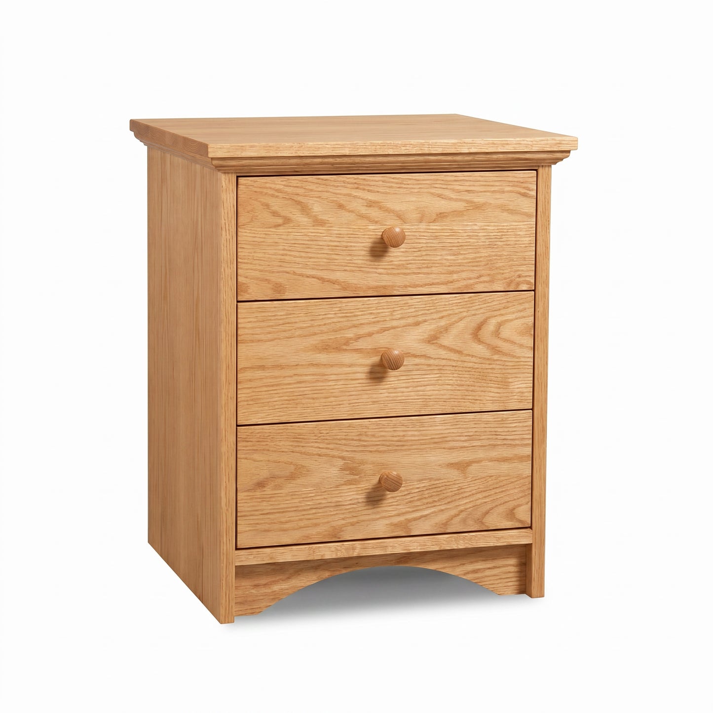 Lyndon Furniture New England Shaker 3-Drawer Nightstand features arched base and natural finish, expertly crafted in solid wood, American made.