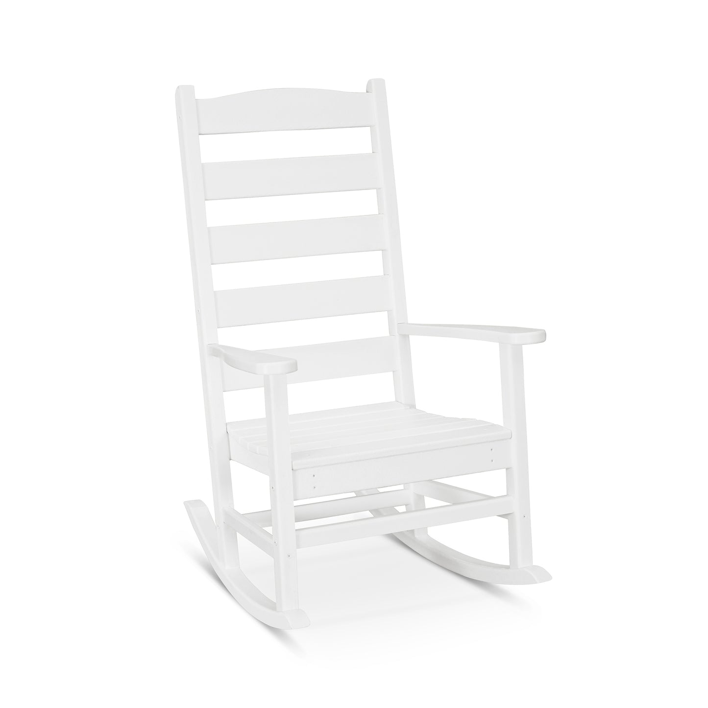Black POLYWOOD Shaker Porch Rocking Chair with horizontal slats and a flat seat, showcasing classic American Shaker craftsmanship.