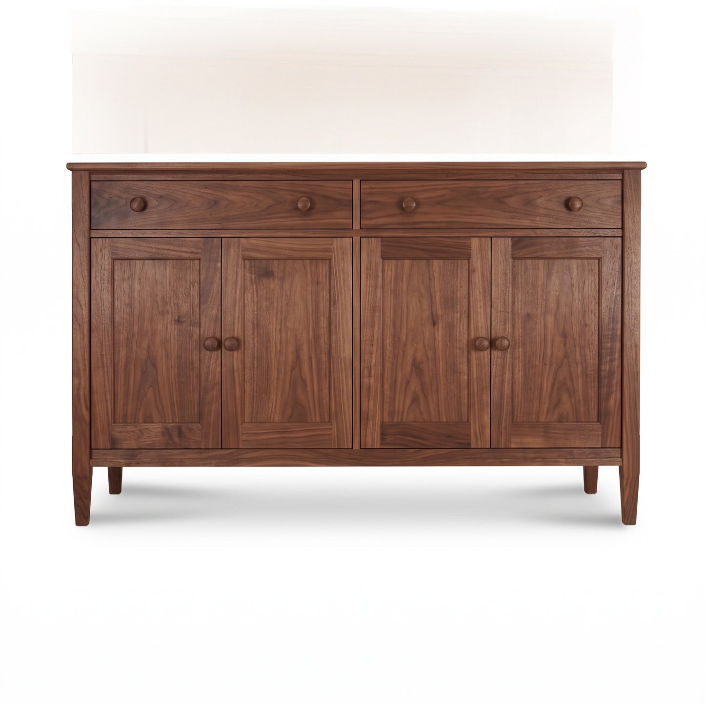 Vermont Shaker Large 60″ Sideboard by Maple Corner Woodworks, solid walnut hardwood with 4 paneled doors and 2 drawers, American made furniture.
