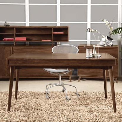 A modern office space featuring a wooden desk with a minimalist design, a gray mesh swivel chair, a stacked set of books, a metallic desk lamp, several decor items, a beige shag rug, and a wooden cabinet with multiple shelves in the background.
