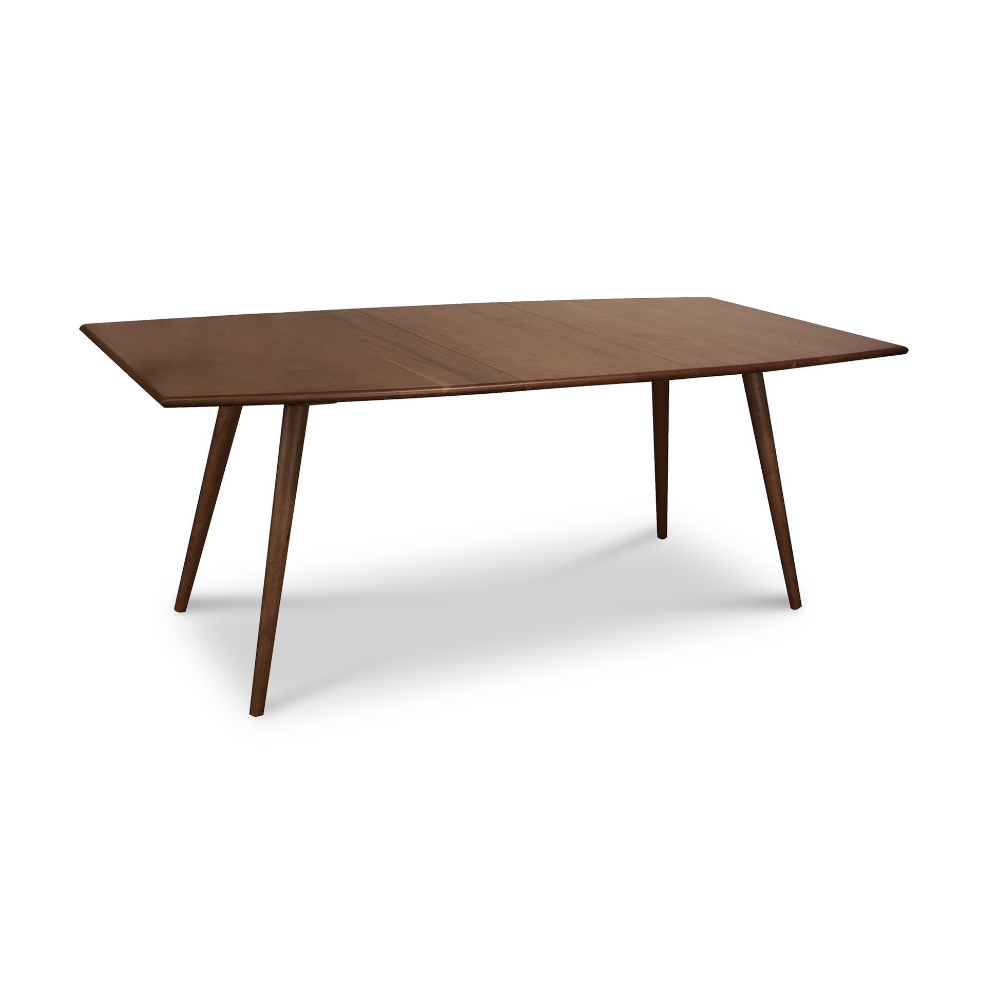 Addison Boat Top Extension Dining Table by Lyndon Furniture, handcrafted mid-century modern table with dark brown finish and 4 tapered legs.