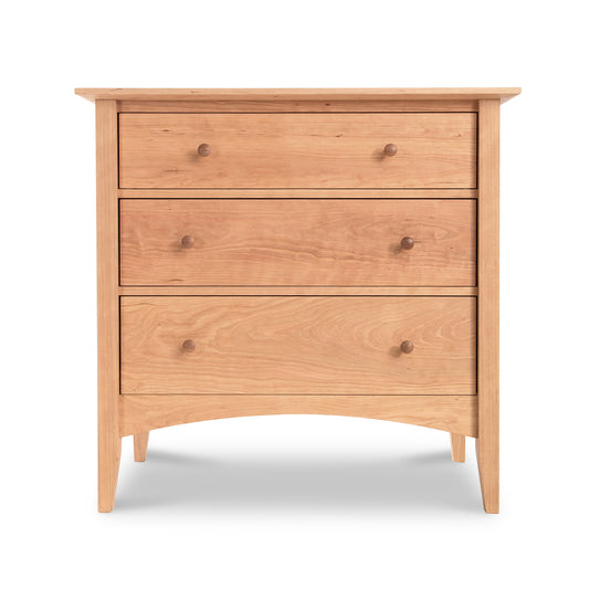 American Shaker 3-Drawer Chest by Maple Corner Woodworks, crafted from solid wood with round knob handles and a smooth finish, standing on four legs.