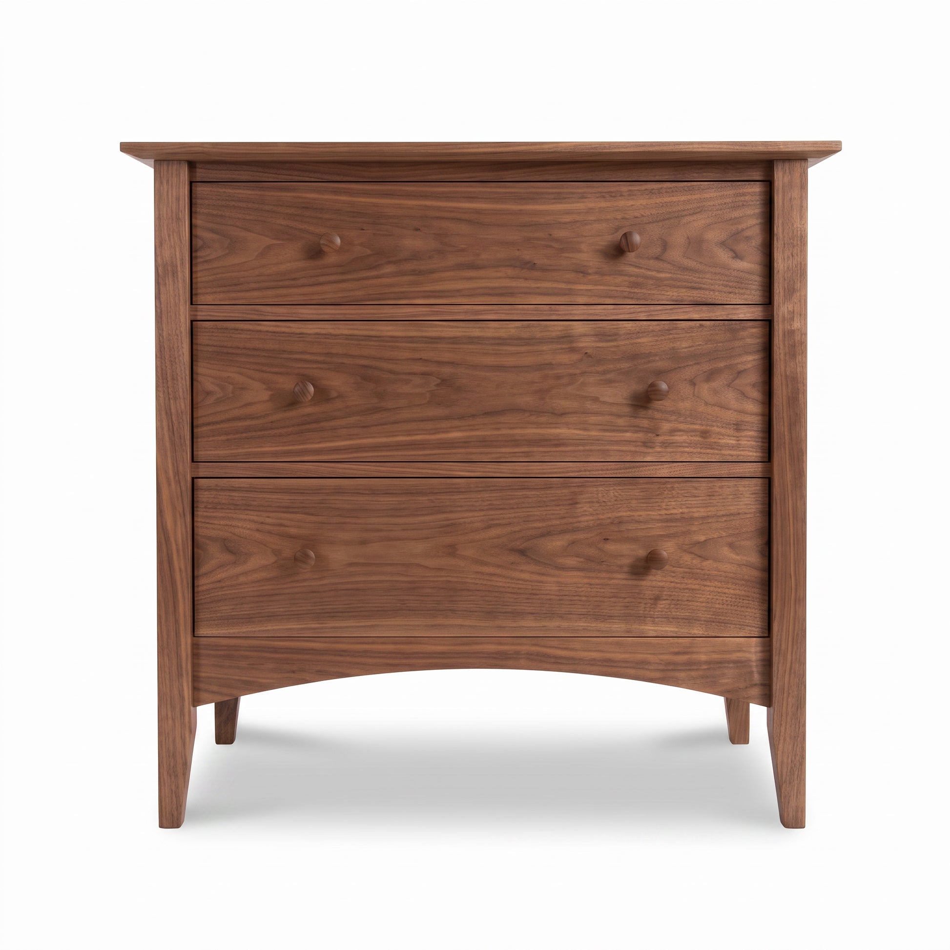 American Shaker 3-Drawer Chest by Maple Corner Woodworks with three spacious drawers, round knobs, and a distinctive curved design crafted in Vermont.