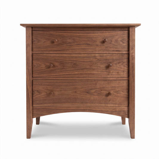 American Shaker 3-Drawer Chest by Maple Corner Woodworks with three spacious drawers, round knobs, and a distinctive curved design crafted in Vermont.