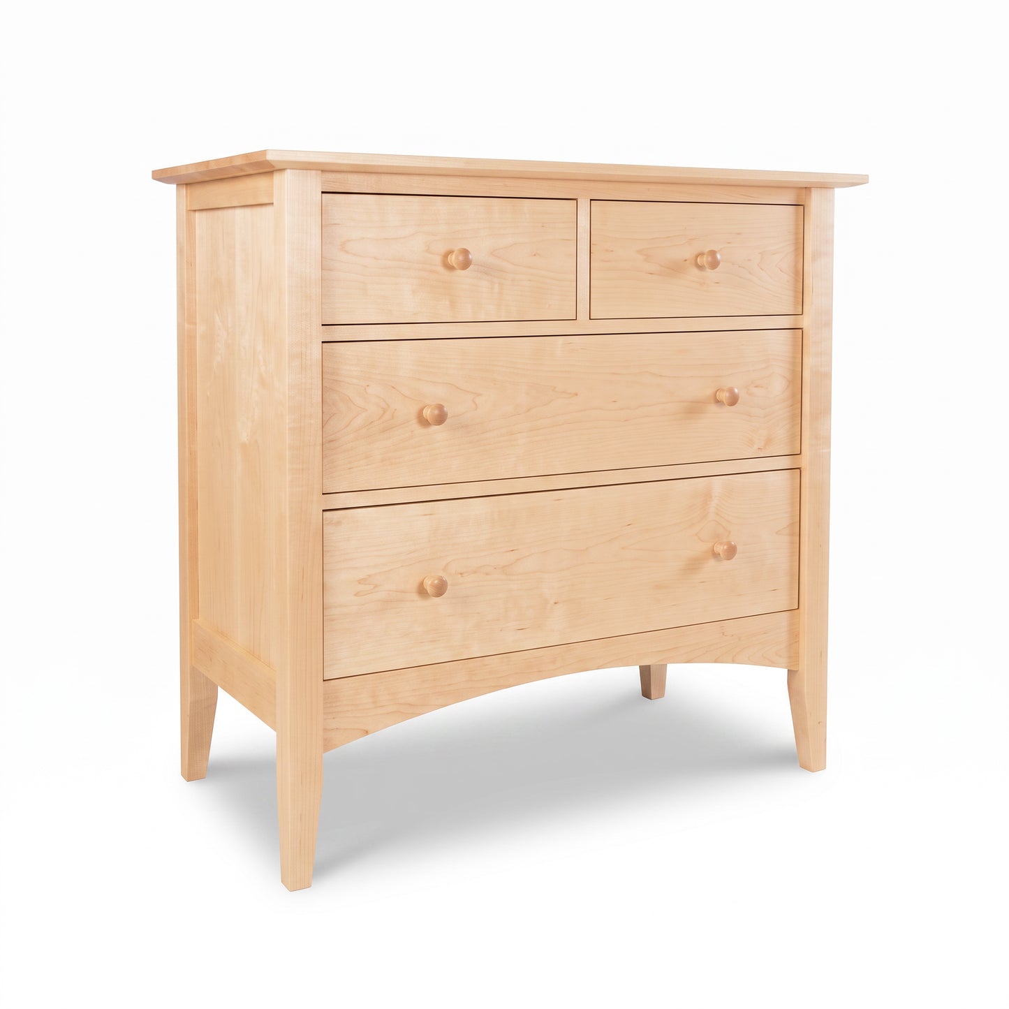 Maple Corner Woodworks American Shaker 4-Drawer Chest crafted from light solid wood with classic short legs, highlighting fine craftsmanship.