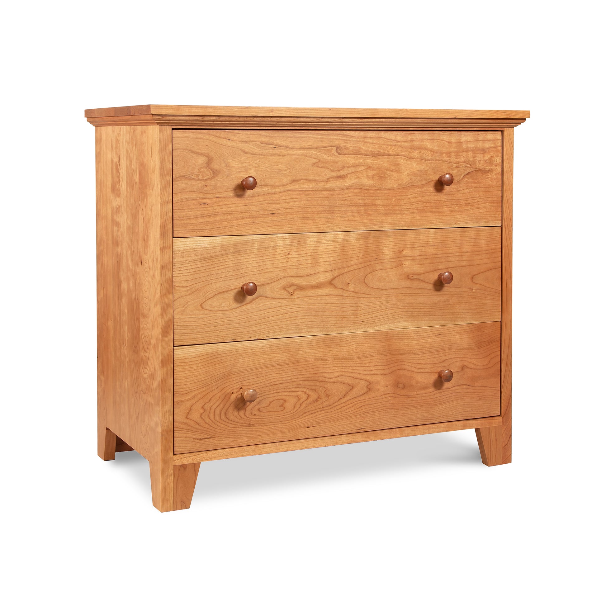 American Country 3-Drawer Chest by Lyndon Furniture, featuring sustainable wood, natural finish, round knobs, and four short legs.