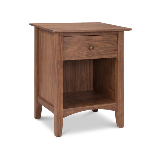American Shaker nightstand by Maple Corner Woodworks, handcrafted in Vermont from natural cherry with 1 drawer and enclosed shelf.