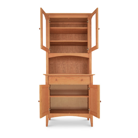 American Shaker Small 38" China Cabinet by Maple Corner Woodworks showcasing glass-paneled doors, spacious shelves, and a central open drawer, highlighting classic Shaker-style design.