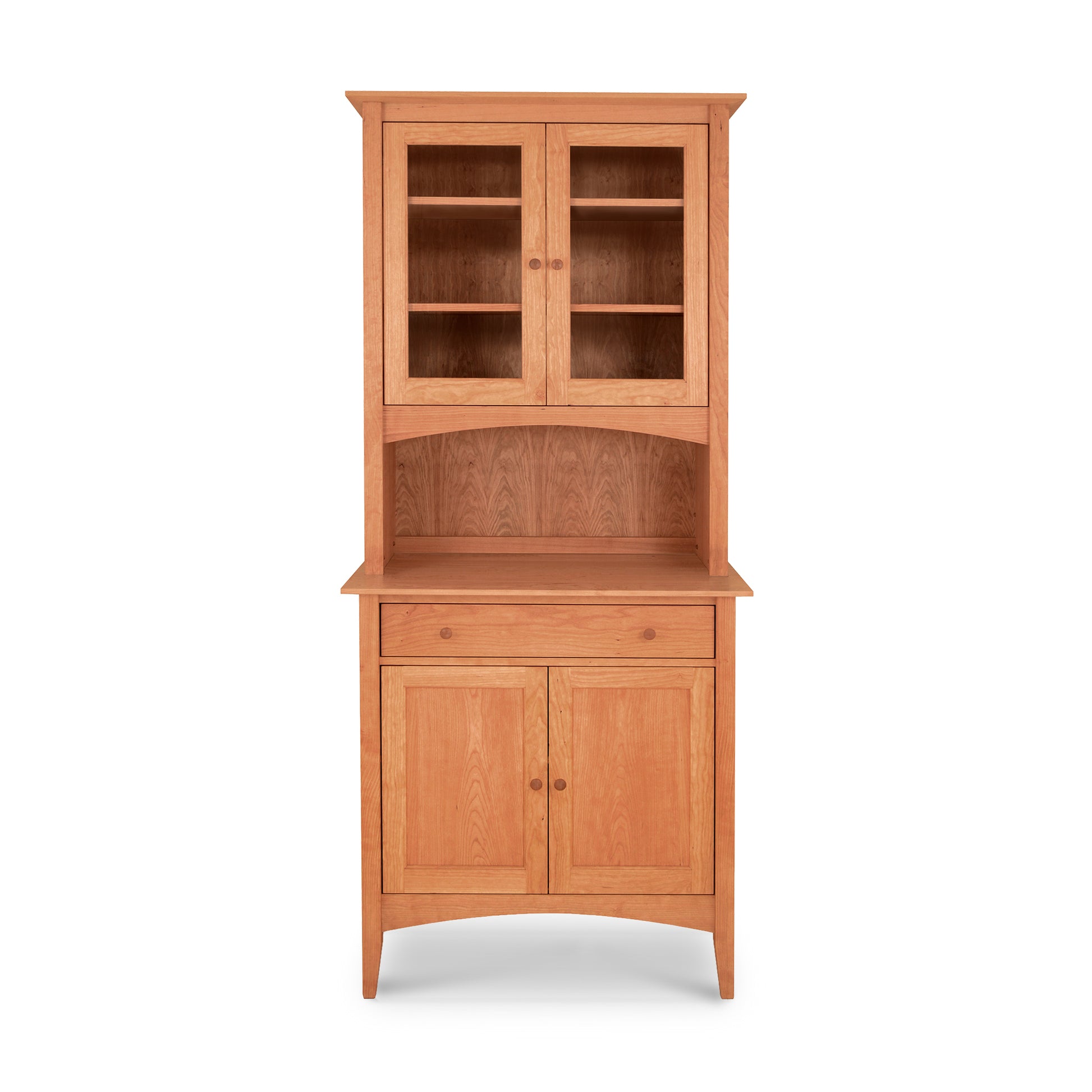 American Shaker Small 38" China Cabinet by Maple Corner Woodworks with hardwood construction, upper glass doors, open middle shelf, lower drawer, and solid wood lower doors.
