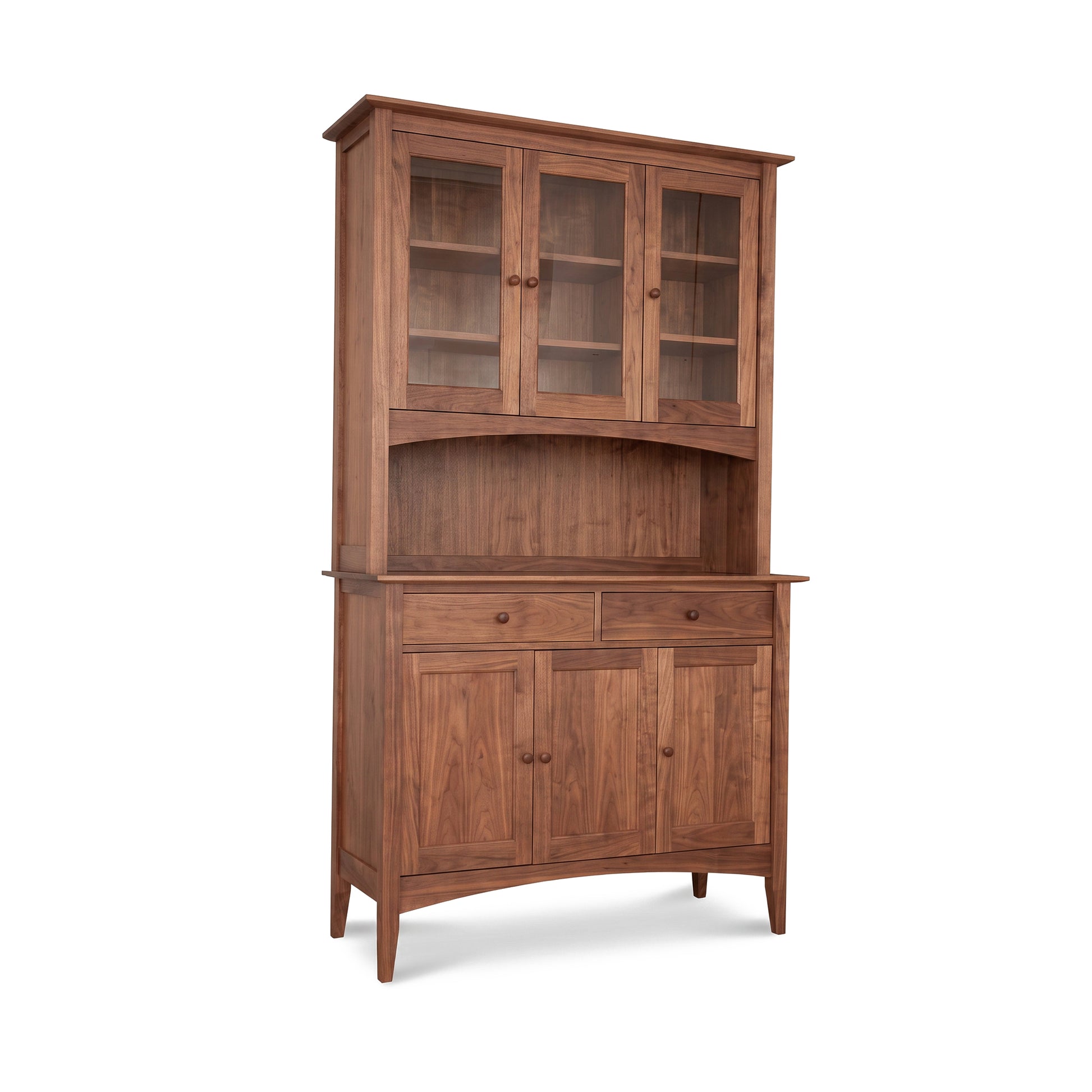 American Shaker 50″ China Cabinet by Maple Corner Woodworks with glass doors, shelves, drawers, and a natural wood finish.