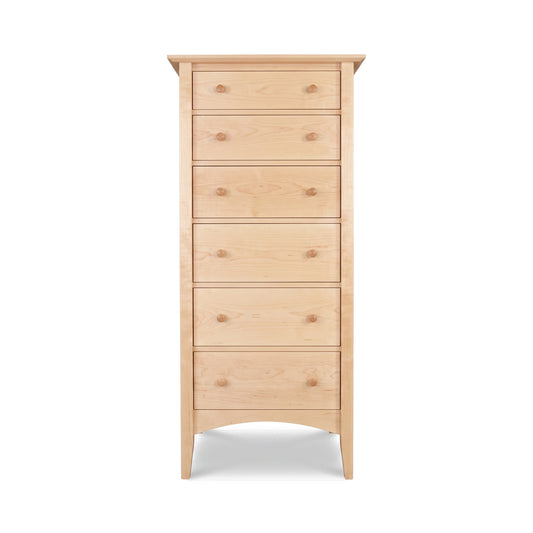 American Shaker Lingerie Chest by Maple Corner Woodworks, tall light wood with seven drawers and round knobs. Handcrafted American made furniture.