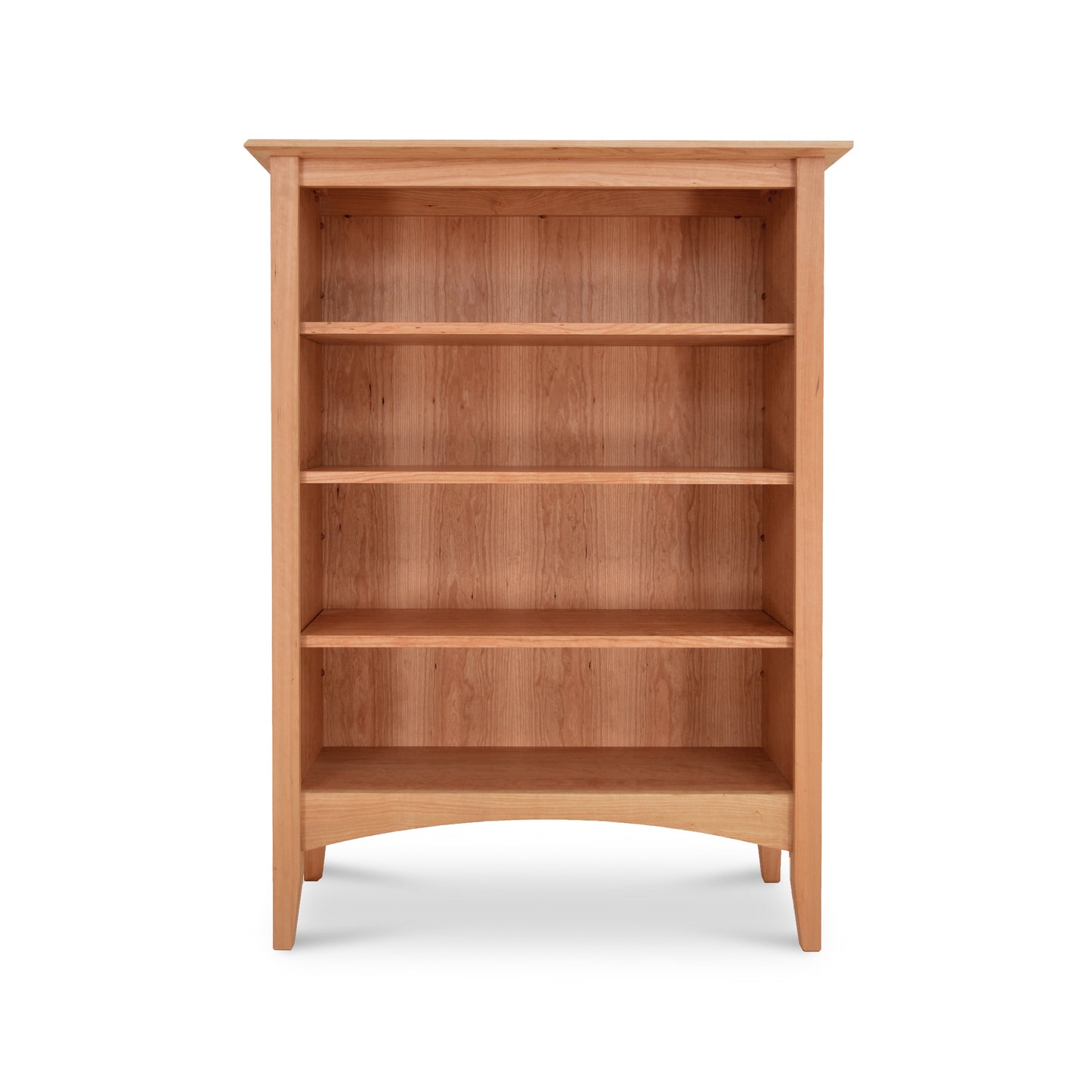 American Shaker Bookcase in light hardwood by Maple Corner Woodworks, featuring four spacious shelves and an open back, front view.