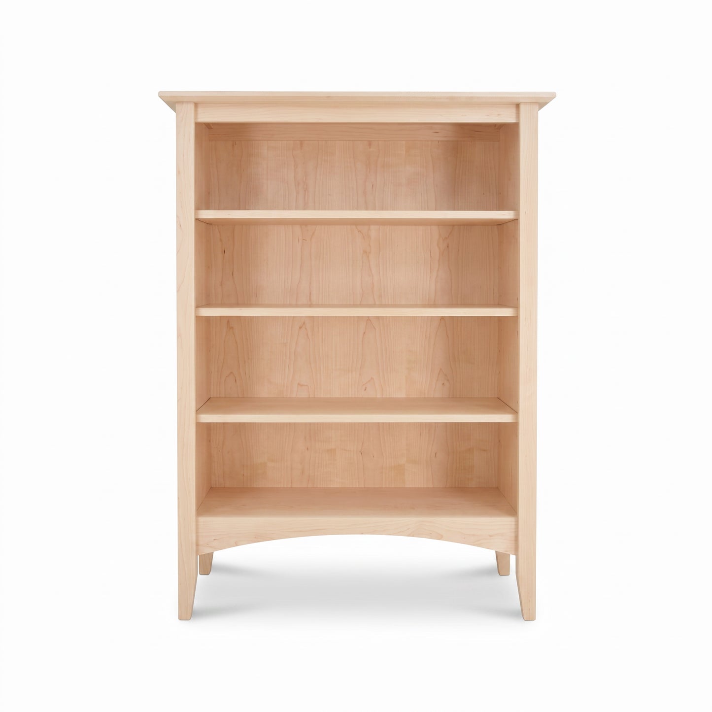 Maple Corner Woodworks American Shaker Bookcase in light wood with four shelves, open back, and four legs, showcasing handcrafted Vermont quality.