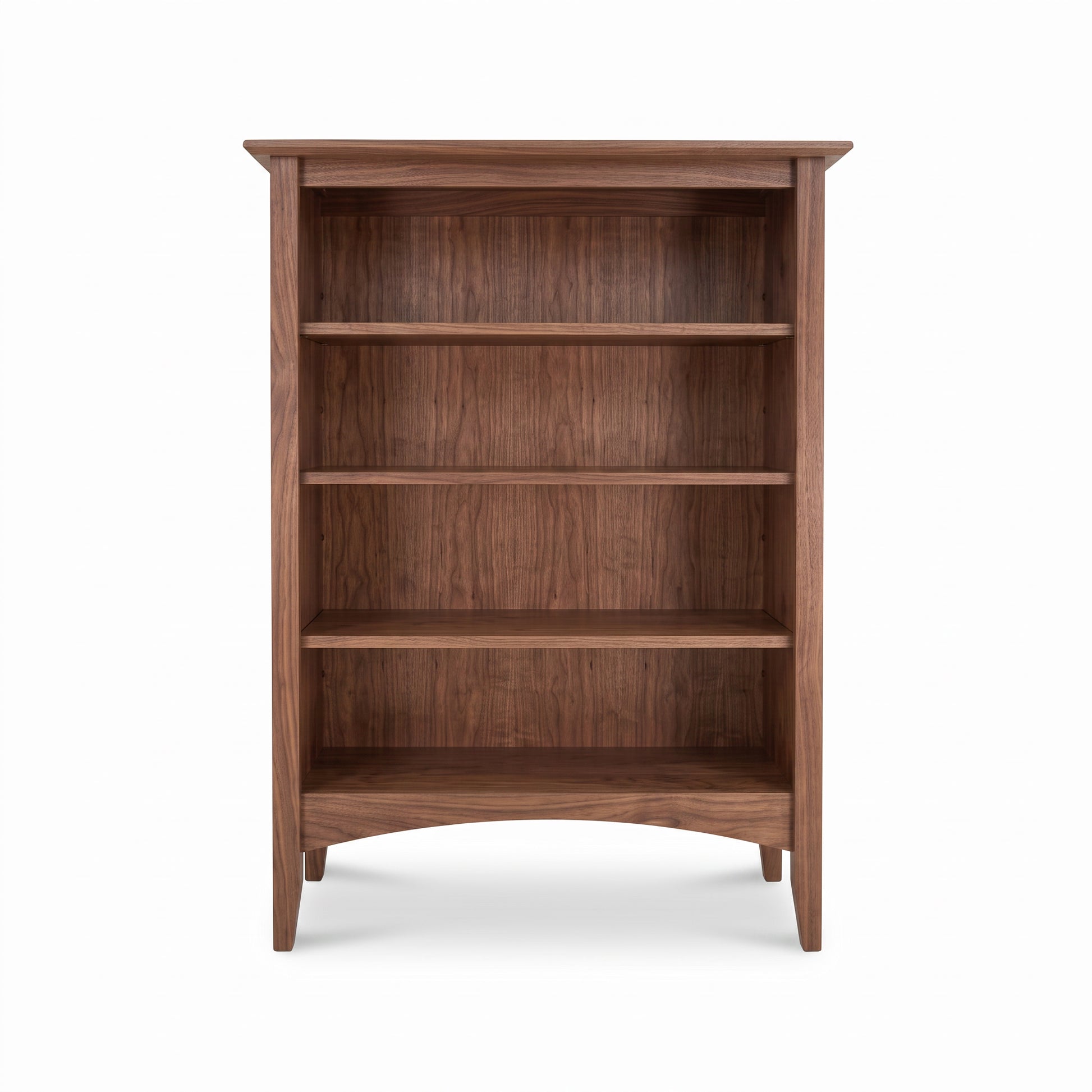 American Shaker Bookcase by Maple Corner Woodworks, featuring four spacious shelves and short legs, handcrafted from solid wood in Vermont.