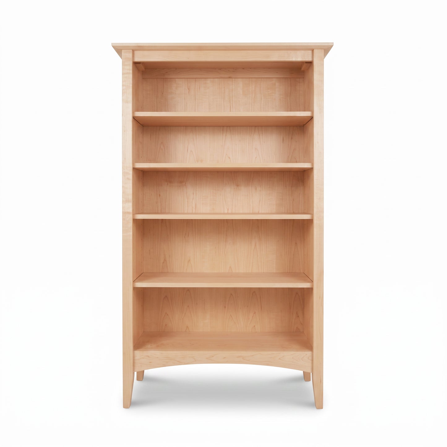 American Shaker Bookcase by Maple Corner Woodworks with four light wood shelves, showcasing handcrafted American-made quality.