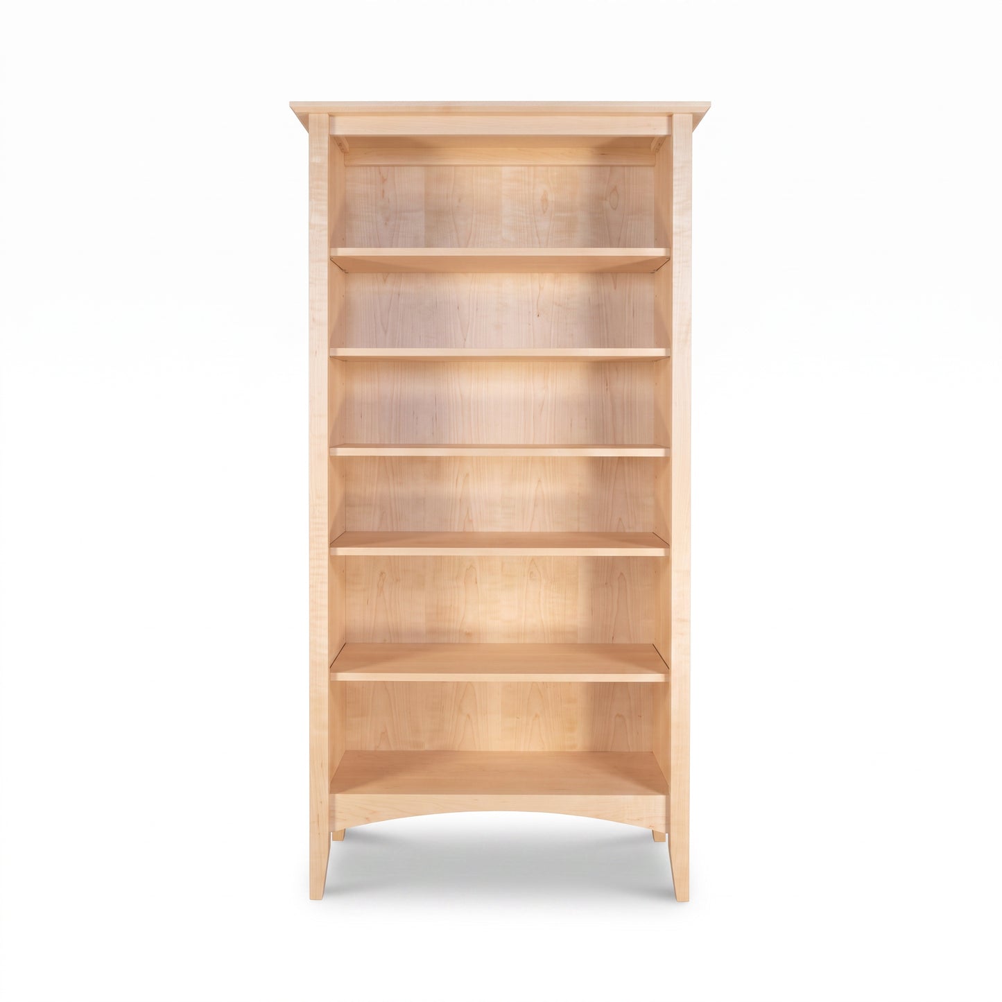 American-made Maple Corner Woodworks Shaker bookcase in light wood, featuring six empty shelves and classic handcrafted design.