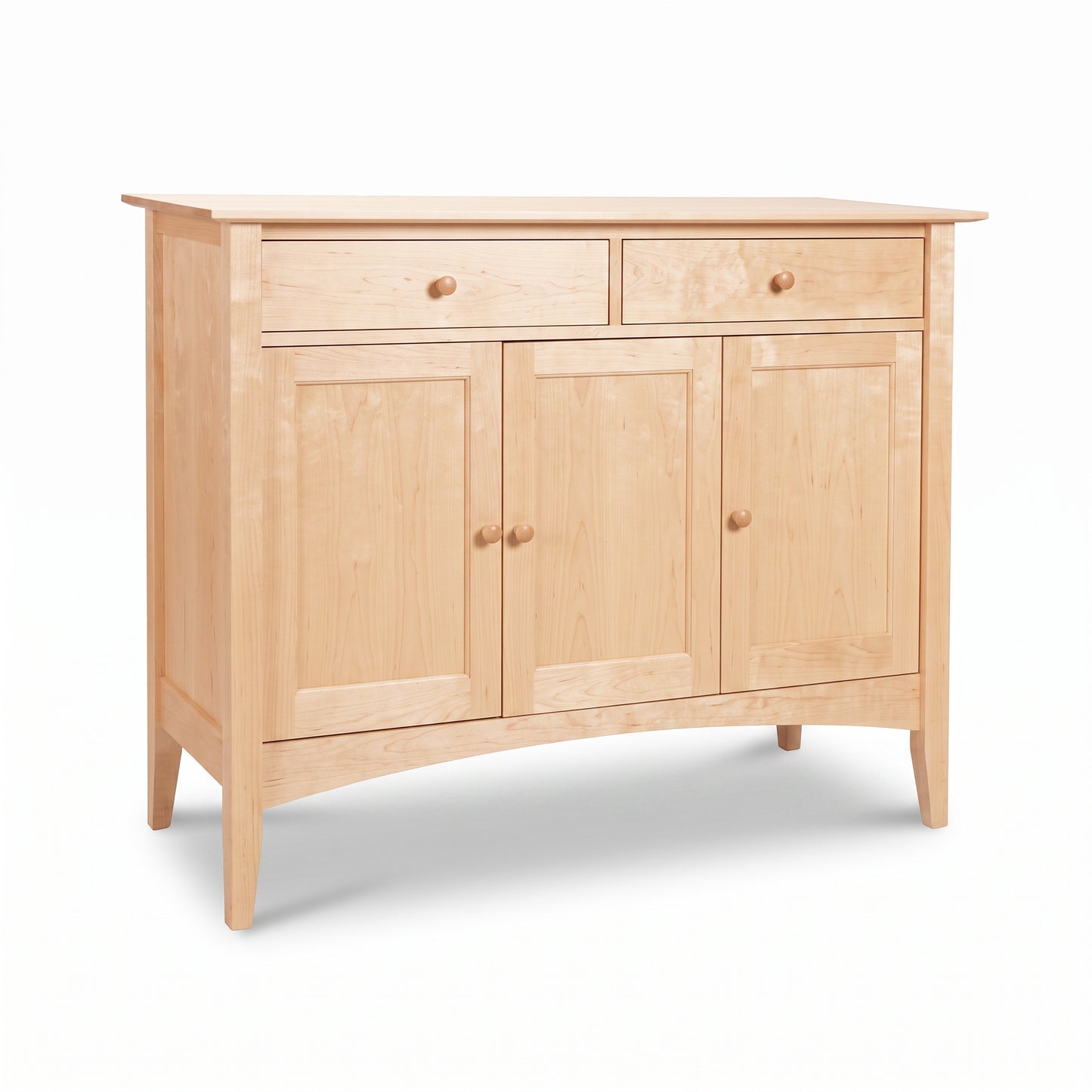 American Shaker Medium Sideboard by Maple Corner Woodworks in solid hardwood, with two drawers, three doors, and elegant tapered legs.