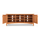 American Shaker 67" TV Stand by Maple Corner Woodworks, crafted from solid hardwoods with two open doors revealing multiple shelves and compartments, showcasing classic American design elegance.