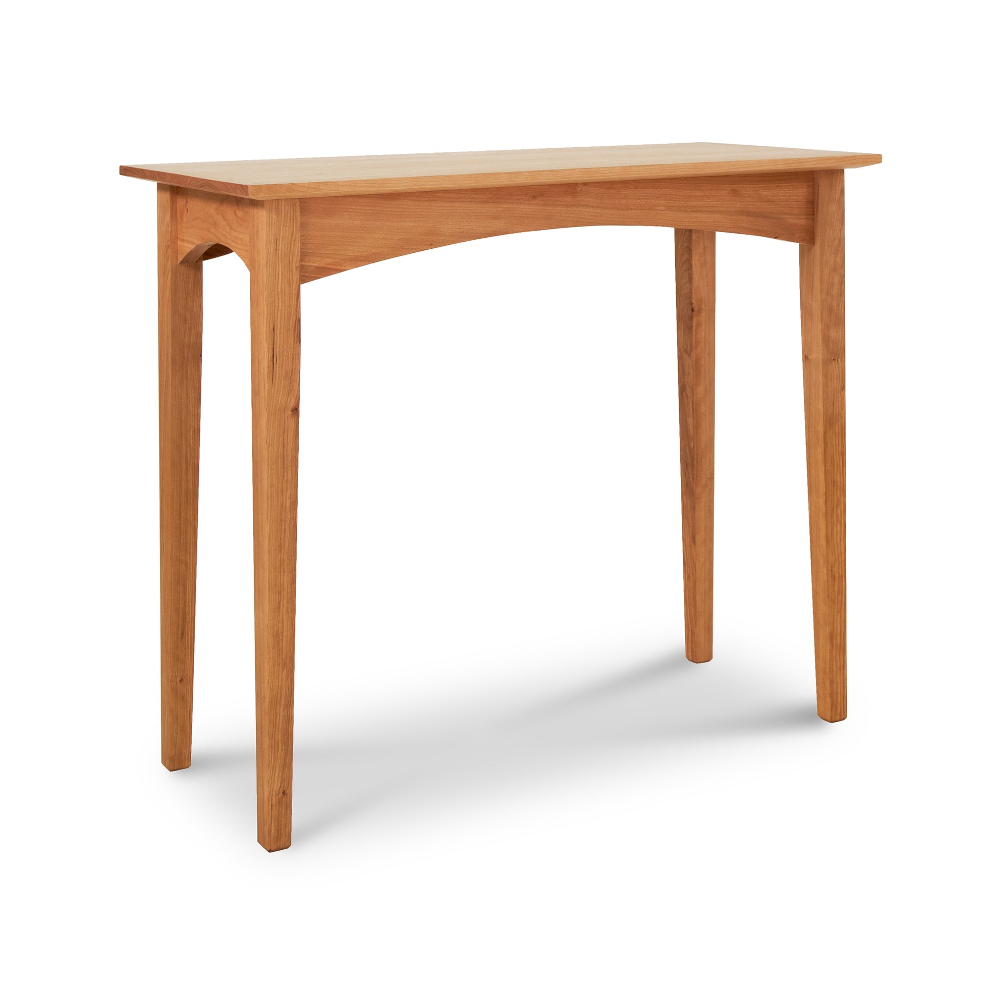 American Shaker Sofa Table by Maple Corner Woodworks with minimalist design, four straight legs, and arched support under the tabletop, crafted from eco-friendly materials in traditional Shaker style.